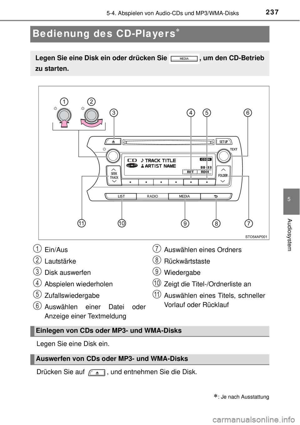 TOYOTA YARIS HYBRID 2014 Betriebsanleitungen (in German) 237
5
5-4. Abspielen von Audio-CDs und MP3/WMA-Disks
Audiosystem
Bedienung des CD-Players
Legen Sie eine Disk ein.
Drücken Sie auf , und entnehmen Sie die Disk.
: Je nach Ausstattung
Legen Sie TOYOTA YARIS HYBRID 2014 Betriebsanleitungen (in German) 237
5
5-4. Abspielen von Audio-CDs und MP3/WMA-Disks
Audiosystem
Bedienung des CD-Players
Legen Sie eine Disk ein.
Drücken Sie auf , und entnehmen Sie die Disk.
: Je nach Ausstattung
Legen Sie