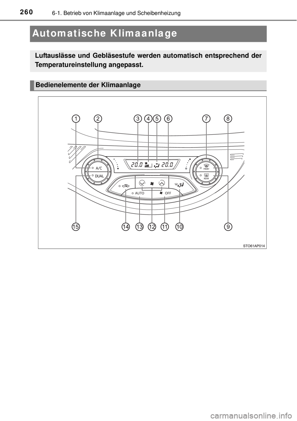 TOYOTA YARIS HYBRID 2014 Betriebsanleitungen (in German) 2606-1. Betrieb von Klimaanlage und Scheibenheizung
Automatische Klimaanlage
Luftauslässe und Gebläsestufe werden automatisch entsprechend der
Temperatureinstellung angepasst.
Bedienelemente der Kli TOYOTA YARIS HYBRID 2014 Betriebsanleitungen (in German) 2606-1. Betrieb von Klimaanlage und Scheibenheizung
Automatische Klimaanlage
Luftauslässe und Gebläsestufe werden automatisch entsprechend der
Temperatureinstellung angepasst.
Bedienelemente der Kli