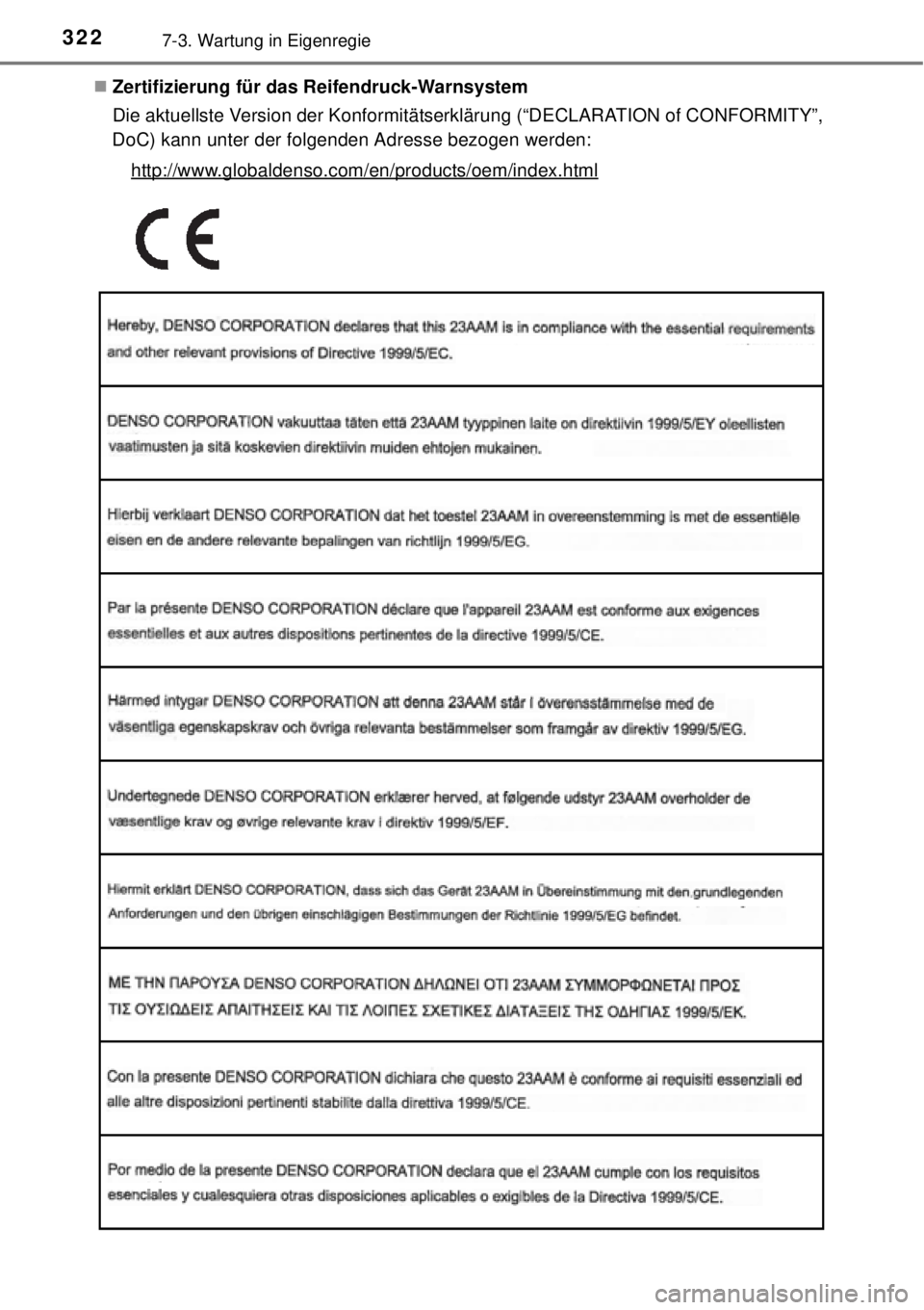 TOYOTA YARIS HYBRID 2014 Betriebsanleitungen (in German) 3227-3. Wartung in Eigenregie
Zertifizierung für das Reifendruck-Warnsystem
Die aktuellste Version der Konformitätserklärung (“DECLARATION of CONFORMITY”,
DoC) kann unter der folgenden Adres TOYOTA YARIS HYBRID 2014 Betriebsanleitungen (in German) 3227-3. Wartung in Eigenregie
Zertifizierung für das Reifendruck-Warnsystem
Die aktuellste Version der Konformitätserklärung (“DECLARATION of CONFORMITY”,
DoC) kann unter der folgenden Adres