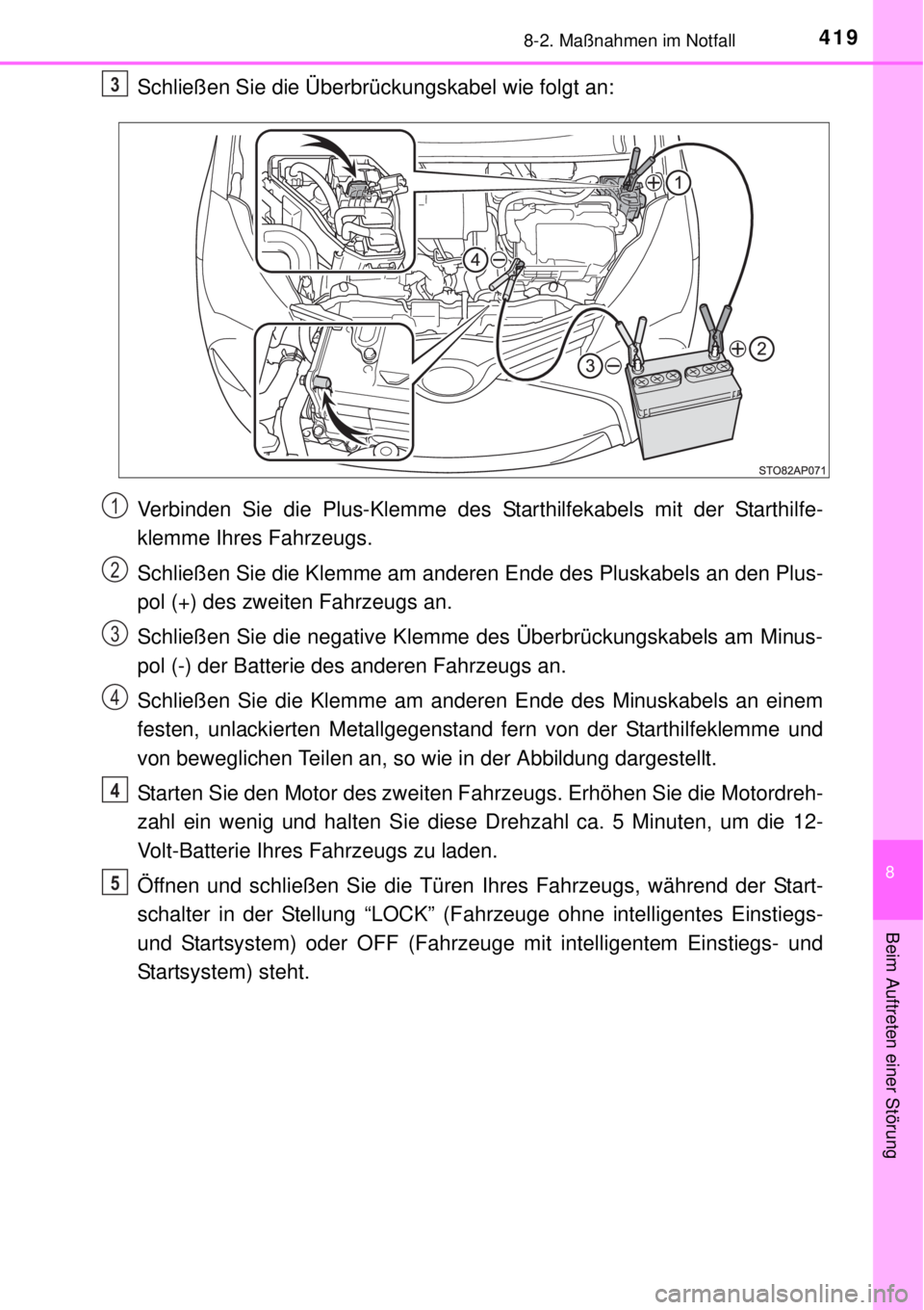 TOYOTA YARIS HYBRID 2014 Betriebsanleitungen (in German) 4198-2. Maßnahmen im Notfall
8
Beim Auftreten einer Störung
Schließen Sie die Überbrückungskabel wie folgt an:
Verbinden Sie die Plus-Klemme des Starthilfekabels mit der Starthilfe-
klemme Ihres TOYOTA YARIS HYBRID 2014 Betriebsanleitungen (in German) 4198-2. Maßnahmen im Notfall
8
Beim Auftreten einer Störung
Schließen Sie die Überbrückungskabel wie folgt an:
Verbinden Sie die Plus-Klemme des Starthilfekabels mit der Starthilfe-
klemme Ihres