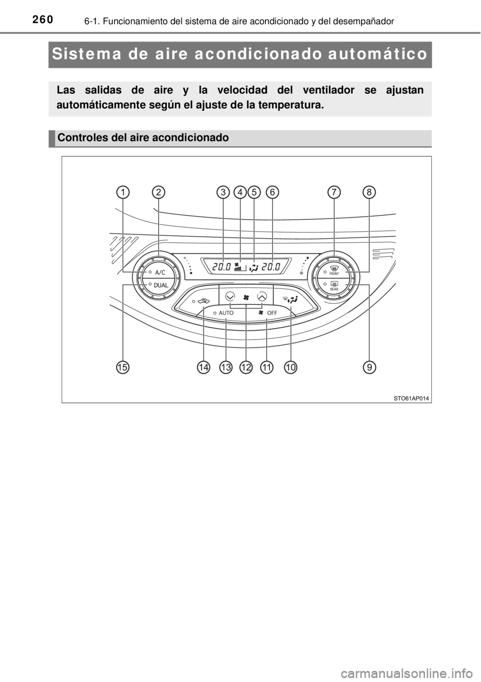 TOYOTA YARIS HYBRID 2014  Manual del propietario (in Spanish) 2606-1. Funcionamiento del sistema de aire acondicionado y del desempañador
Sistema de aire acondicionado automático
Las salidas de aire y la velocidad del ventilador se ajustan
automáticamente seg