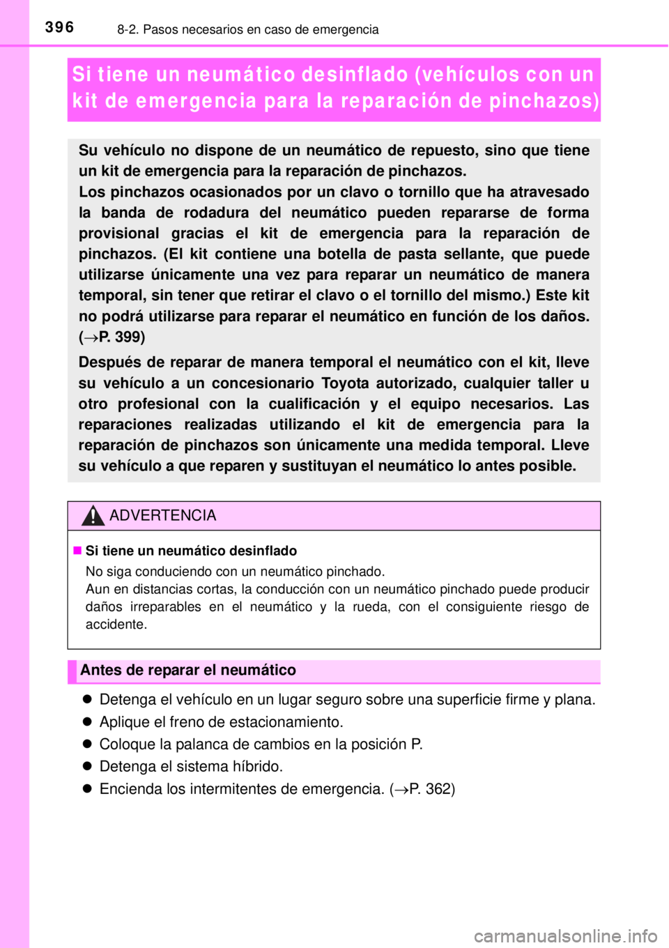 TOYOTA YARIS HYBRID 2014 Manual del propietario (in Spanish) 3968-2. Pasos necesarios en caso de emergencia
Si tiene un neumático desinflado (vehículos con un
kit de emergencia para la reparación de pinchazos)
Detenga el vehículo en un lugar seguro sobr TOYOTA YARIS HYBRID 2014 Manual del propietario (in Spanish) 3968-2. Pasos necesarios en caso de emergencia
Si tiene un neumático desinflado (vehículos con un
kit de emergencia para la reparación de pinchazos)
Detenga el vehículo en un lugar seguro sobr