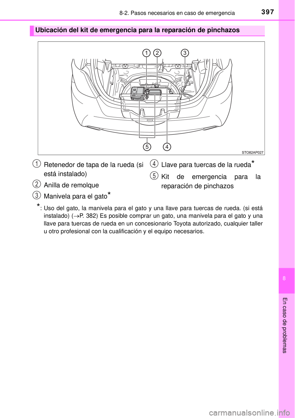 TOYOTA YARIS HYBRID 2014 Manual del propietario (in Spanish) 3978-2. Pasos necesarios en caso de emergencia
8
En caso de problemas
*: Uso del gato, la manivela para el gato y una llave para tuercas de rueda. (si está
instalado) (P. 382) Es posible comprar u TOYOTA YARIS HYBRID 2014 Manual del propietario (in Spanish) 3978-2. Pasos necesarios en caso de emergencia
8
En caso de problemas
*: Uso del gato, la manivela para el gato y una llave para tuercas de rueda. (si está
instalado) (P. 382) Es posible comprar u