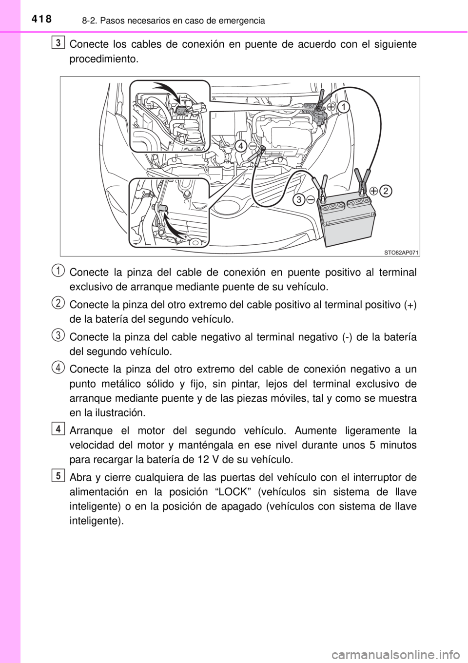 TOYOTA YARIS HYBRID 2014 Manual del propietario (in Spanish) 4188-2. Pasos necesarios en caso de emergencia
Conecte los cables de conexión en puente de acuerdo con el siguiente
procedimiento.
Conecte la pinza del cable de conexión en puente positivo al termin TOYOTA YARIS HYBRID 2014 Manual del propietario (in Spanish) 4188-2. Pasos necesarios en caso de emergencia
Conecte los cables de conexión en puente de acuerdo con el siguiente
procedimiento.
Conecte la pinza del cable de conexión en puente positivo al termin