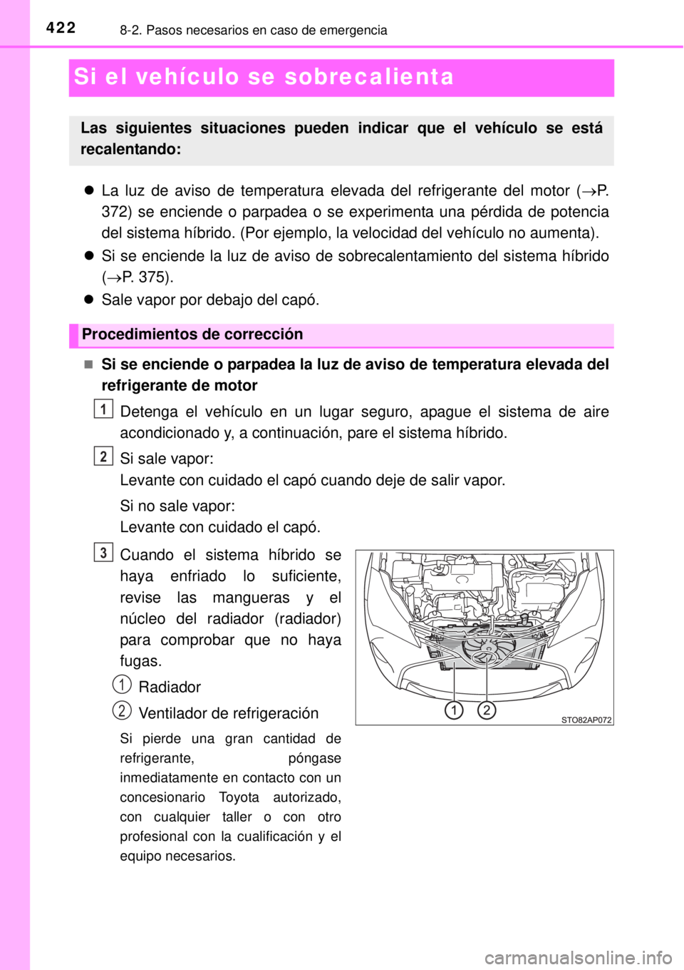 TOYOTA YARIS HYBRID 2014 Manual del propietario (in Spanish) 4228-2. Pasos necesarios en caso de emergencia
Si el vehículo se sobrecalienta
La luz de aviso de temperatura elevada del refrigerante del motor (P.
372) se enciende o parpadea o se experimenta TOYOTA YARIS HYBRID 2014 Manual del propietario (in Spanish) 4228-2. Pasos necesarios en caso de emergencia
Si el vehículo se sobrecalienta
La luz de aviso de temperatura elevada del refrigerante del motor (P.
372) se enciende o parpadea o se experimenta