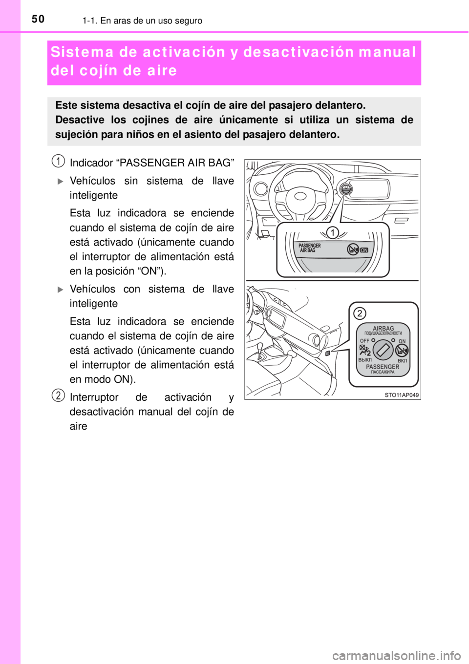 TOYOTA YARIS HYBRID 2014 Manual del propietario (in Spanish) 501-1. En aras de un uso seguro
Sistema de activación y desactivación manual
del cojín de aire
Indicador “PASSENGER AIR BAG”
Vehículos sin sistema de llave
inteligente
Esta luz indicadora TOYOTA YARIS HYBRID 2014 Manual del propietario (in Spanish) 501-1. En aras de un uso seguro
Sistema de activación y desactivación manual
del cojín de aire
Indicador “PASSENGER AIR BAG”
Vehículos sin sistema de llave
inteligente
Esta luz indicadora