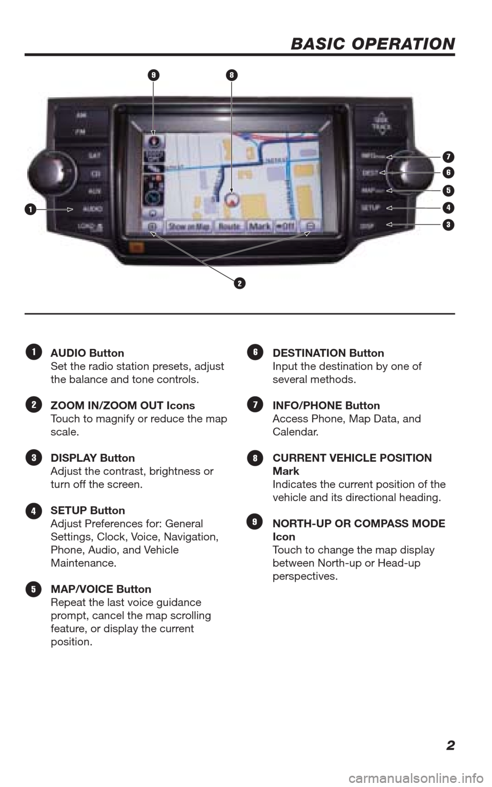 TOYOTA 4RUNNER 2010 N280 / 5.G Navigation Manual 2
BASIC OPERATION
AUDIO Button
Set the radio station presets, adjust
the balance and tone controls.
ZOOM IN/ZOOM OUT Icons
Touch to magnify or reduce the map
scale.
DISPLAY Button
Adjust the contr TOYOTA 4RUNNER 2010 N280 / 5.G Navigation Manual 2
BASIC OPERATION
AUDIO Button
Set the radio station presets, adjust
the balance and tone controls.
ZOOM IN/ZOOM OUT Icons
Touch to magnify or reduce the map
scale.
DISPLAY Button
Adjust the contr