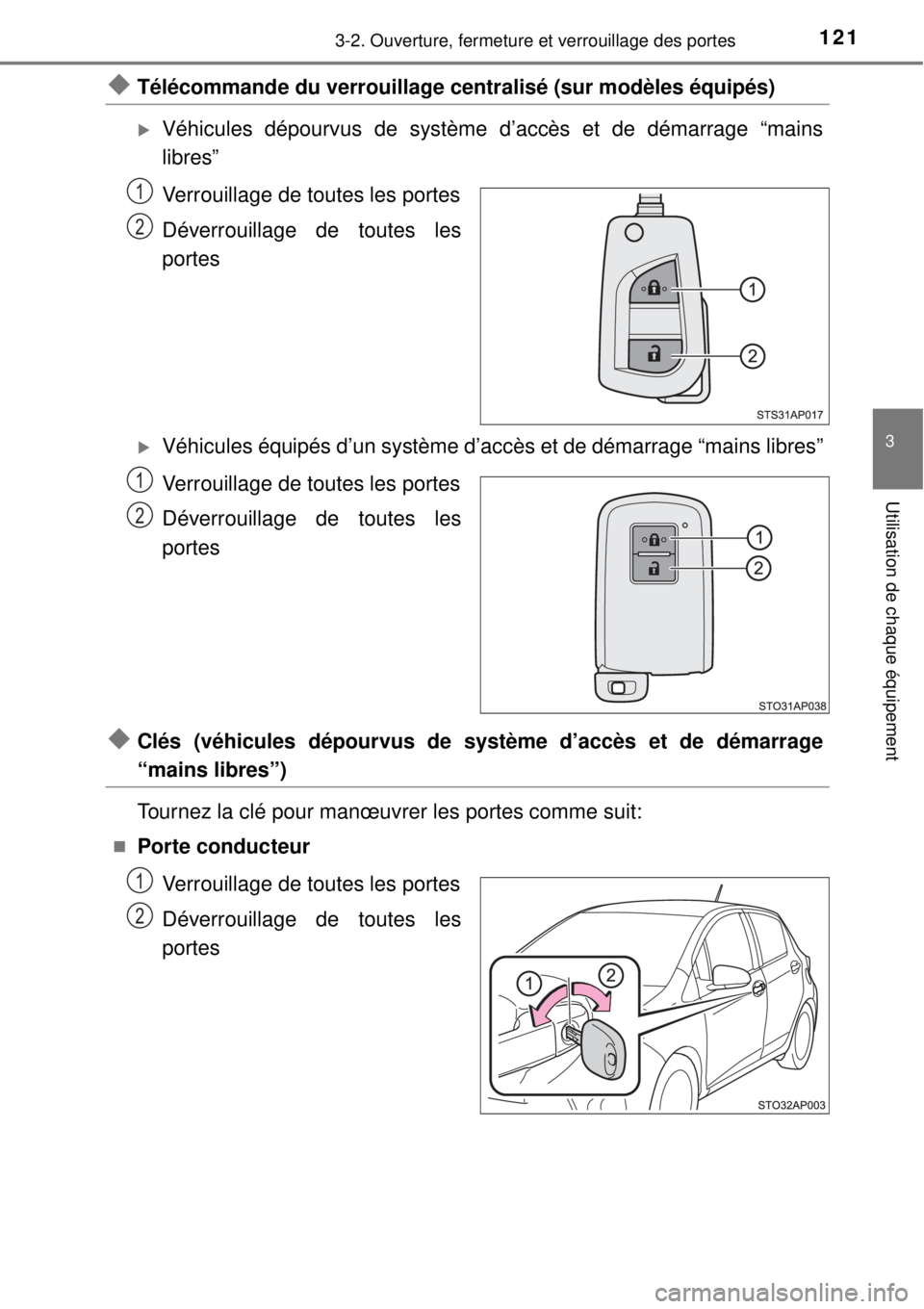 TOYOTA YARIS HYBRID 2014  Manuel du propriétaire (in French) 1213-2. Ouverture, fermeture et verrouillage des portes
3
Utilisation de chaque équipement
Télécommande du verrouillage centralisé (sur modèles équipés)
Véhicules dépourvus de système 