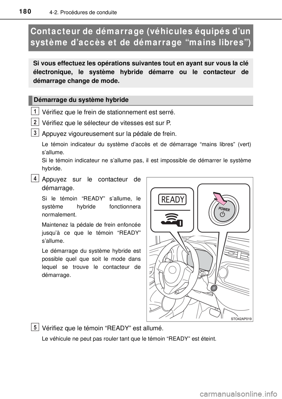 TOYOTA YARIS HYBRID 2014 Manuel du propriétaire (in French) 1804-2. Procédures de conduite
Contacteur de démarrage (véhicules équipés d’un
système d’accès et de démarrage “mains libres”)
Vérifiez que le frein de stationnement est serré.
Vér TOYOTA YARIS HYBRID 2014 Manuel du propriétaire (in French) 1804-2. Procédures de conduite
Contacteur de démarrage (véhicules équipés d’un
système d’accès et de démarrage “mains libres”)
Vérifiez que le frein de stationnement est serré.
Vér