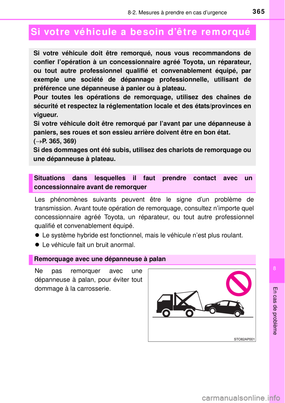 TOYOTA YARIS HYBRID 2014 Manuel du propriétaire (in French) 3658-2. Mesures à prendre en cas d’urgence
8
En cas de problème
Si votre véhicule a besoin d’être remorqué
Les phénomènes suivants peuvent être le signe d’un problème de
transmission. A TOYOTA YARIS HYBRID 2014 Manuel du propriétaire (in French) 3658-2. Mesures à prendre en cas d’urgence
8
En cas de problème
Si votre véhicule a besoin d’être remorqué
Les phénomènes suivants peuvent être le signe d’un problème de
transmission. A