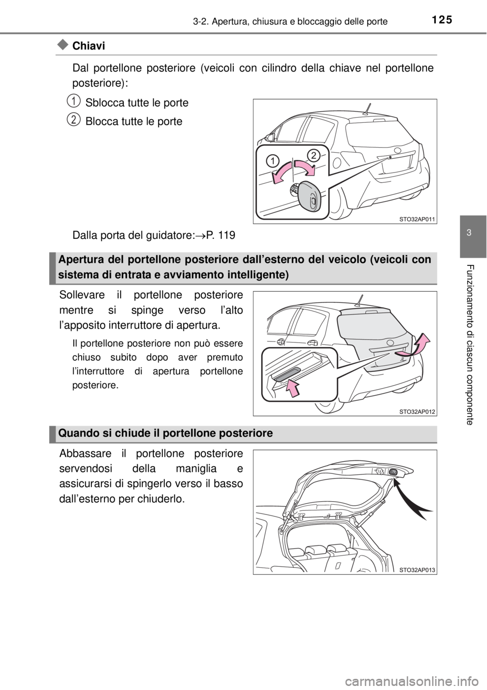 TOYOTA YARIS HYBRID 2014  Manuale duso (in Italian) 1253-2. Apertura, chiusura e bloccaggio delle porte
3
Funzionamento di ciascun componente
Chiavi
Dal portellone posteriore (veicoli con cilindro della chiave nel portellone
posteriore):
Sblocca tut