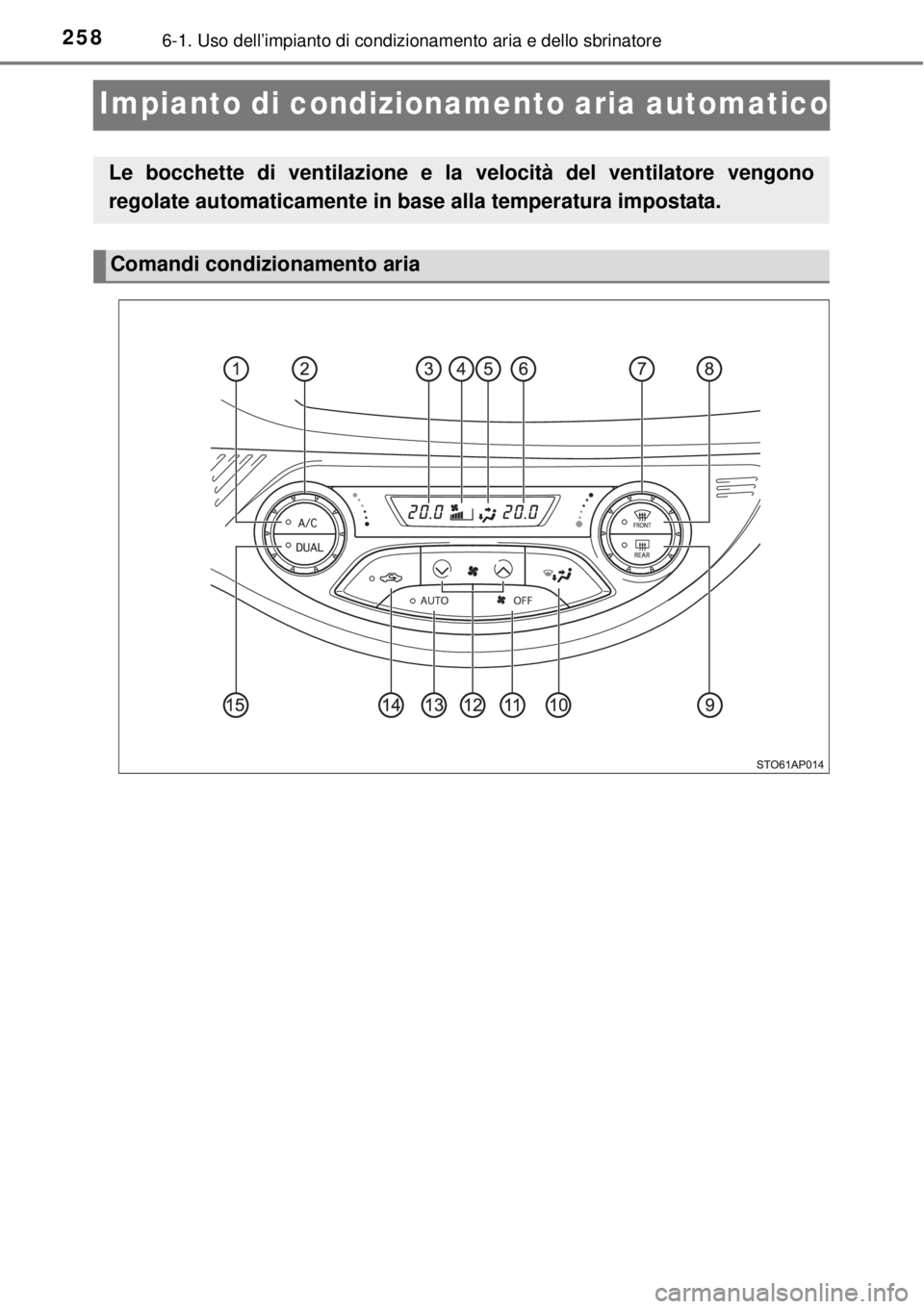 TOYOTA YARIS HYBRID 2014 Manuale duso (in Italian) 2586-1. Uso dell’impianto di condizionamento aria e dello sbrinatore
Impianto di condizionamento aria automatico
Le bocchette di ventilazione e la velocità del ventilatore vengono
regolate automati TOYOTA YARIS HYBRID 2014 Manuale duso (in Italian) 2586-1. Uso dell’impianto di condizionamento aria e dello sbrinatore
Impianto di condizionamento aria automatico
Le bocchette di ventilazione e la velocità del ventilatore vengono
regolate automati