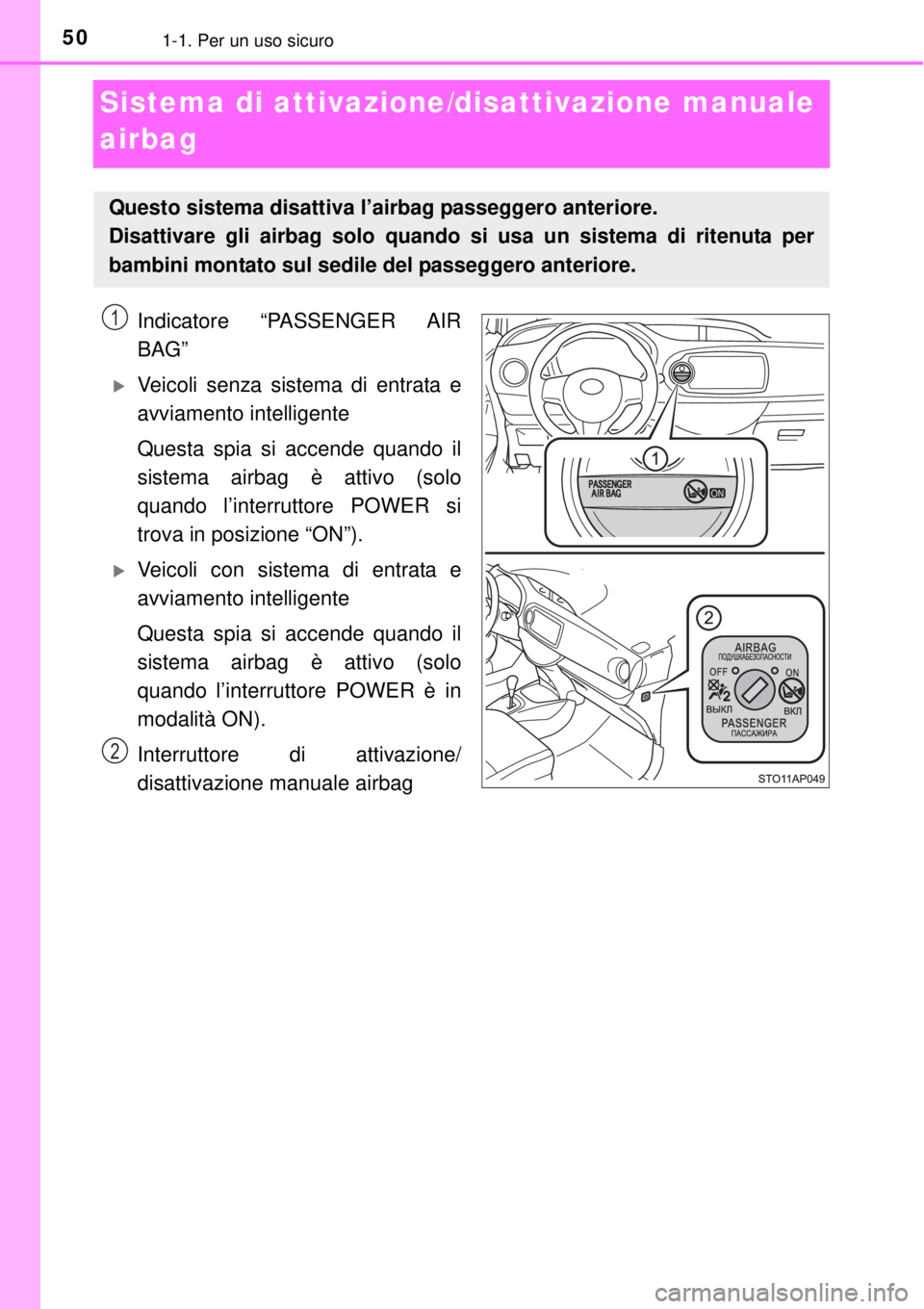 TOYOTA YARIS HYBRID 2014  Manuale duso (in Italian) 501-1. Per un uso sicuro
Sistema di attivazione/disattivazione manuale 
airbag
Indicatore “PASSENGER AIR
BAG”
Veicoli senza sistema di entrata e
avviamento intelligente
Questa spia si accende q