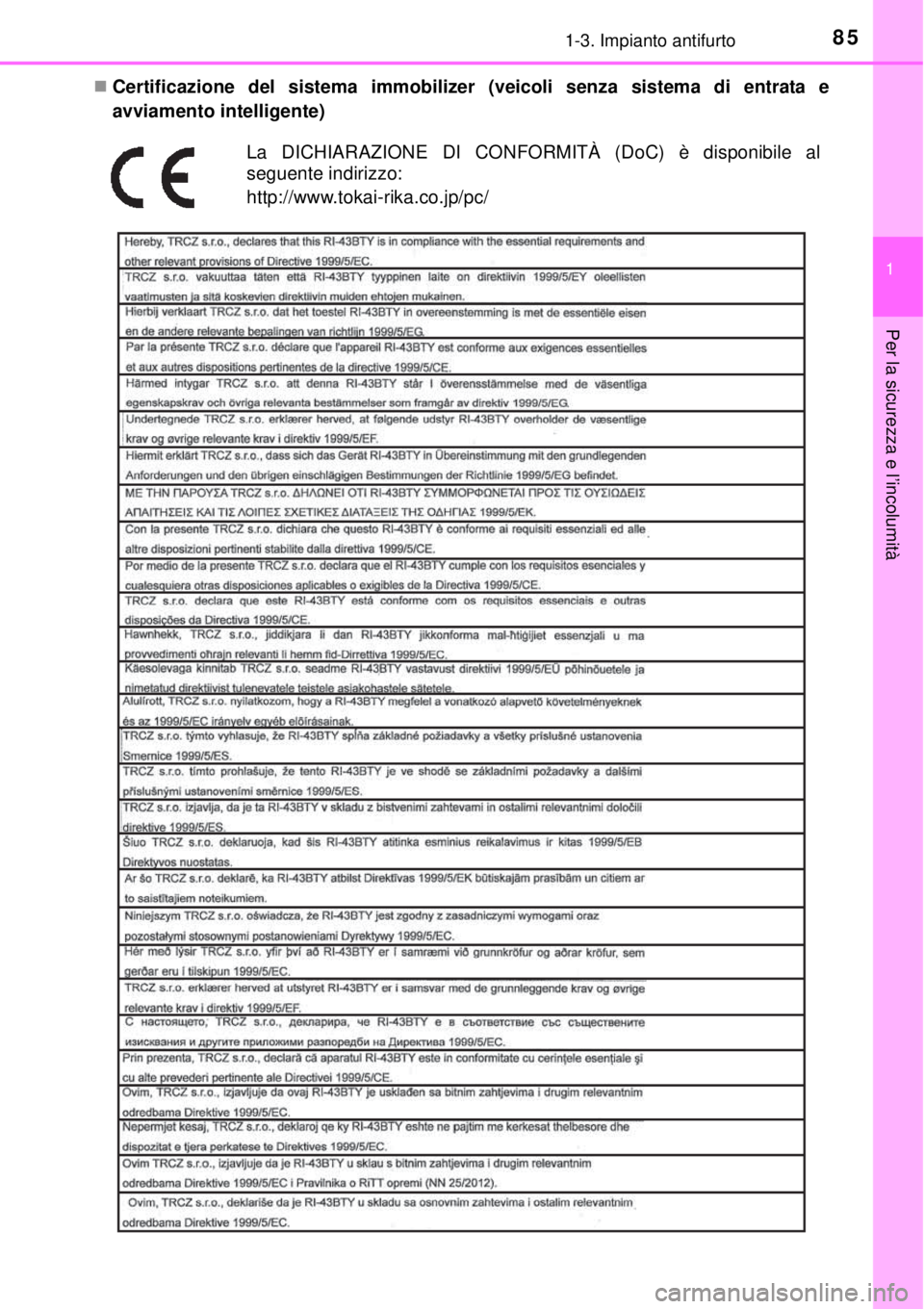 TOYOTA YARIS HYBRID 2014  Manuale duso (in Italian) 851-3. Impianto antifurto
1
Per la sicurezza e l’incolumità
Certificazione del sistema immobilizer (veicoli senza sistema di entrata e
avviamento intelligente)
La DICHIARAZIONE DI CONFORMITÀ (D
