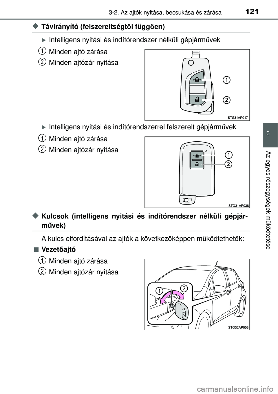 TOYOTA YARIS HYBRID 2014  Kezelési útmutató (in Hungarian) 1213-2. Az ajtók nyitása, becsukása és zárása
3
Az egyes részegységek működtetése
�XTávirányító (felszereltségtől függően)
�XIntelligens nyitási és indítórendszer nélküli gép