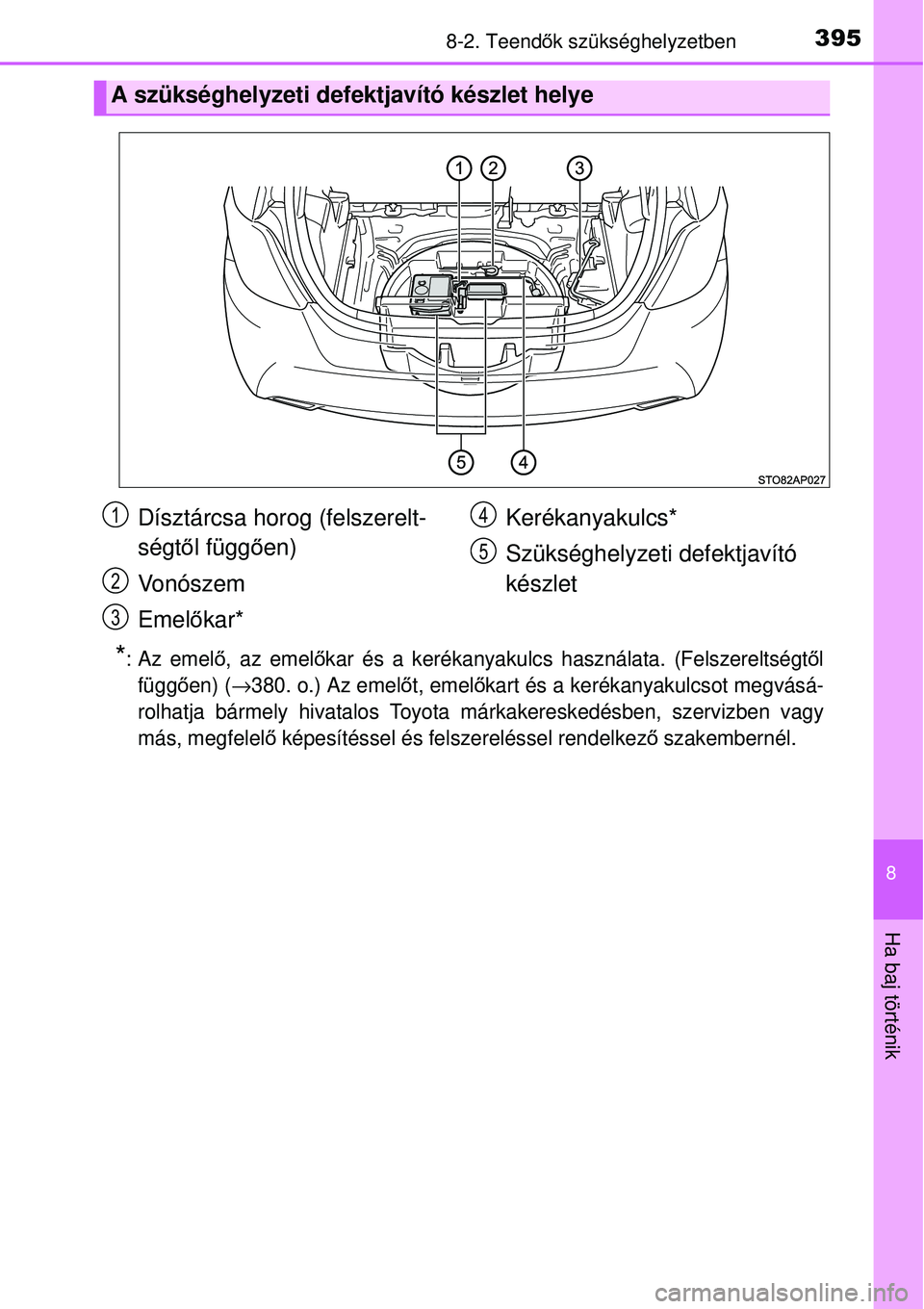 TOYOTA YARIS HYBRID 2014  Kezelési útmutató (in Hungarian) 3958-2. Teendők szükséghelyzetben
8
Ha baj történik
*: Az emelő, az emelőkar és a kerékanyakulcs használata. (Felszereltségtől
függően) (
→380. o.) Az emelőt, emelőkart és a keréka