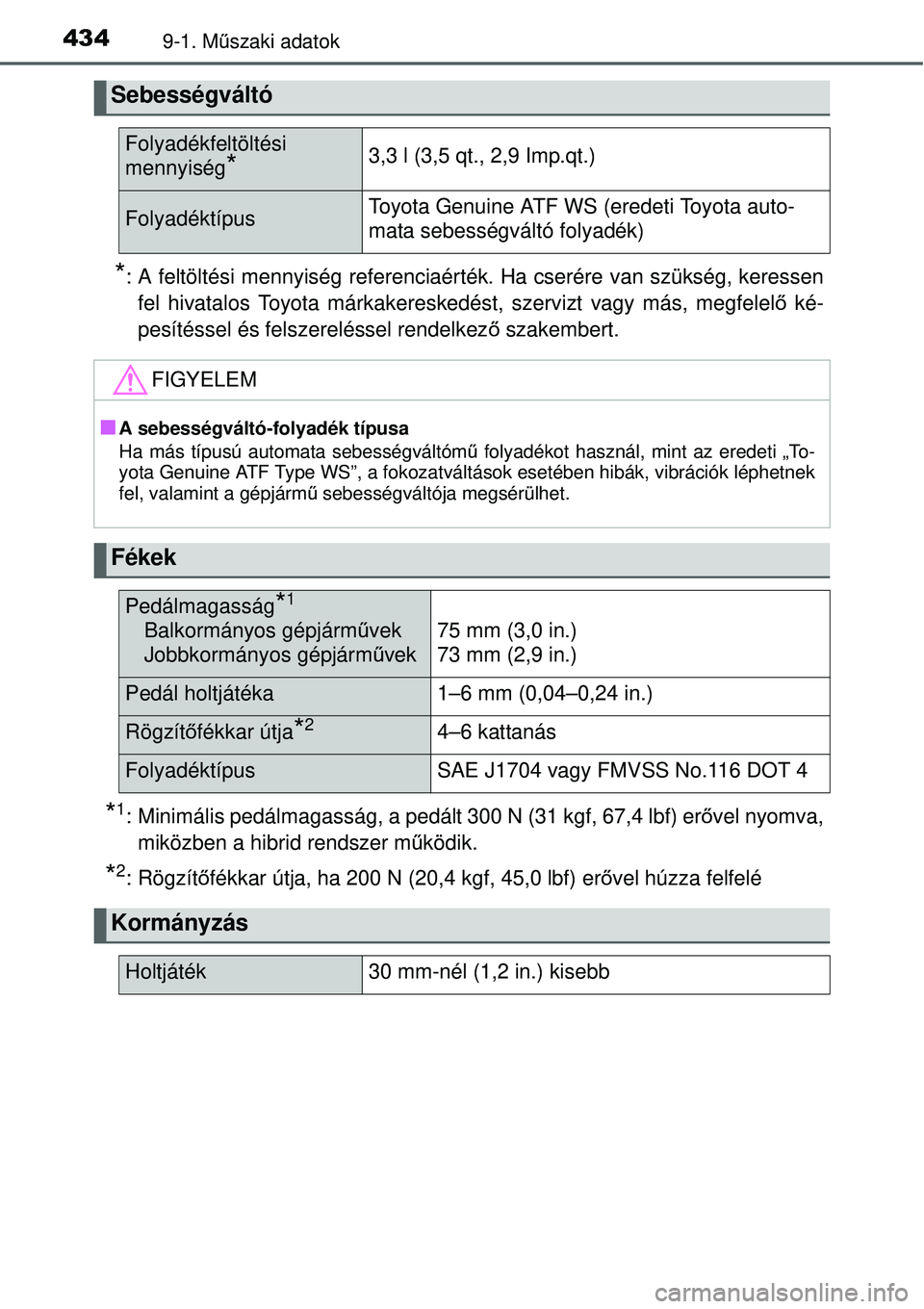 TOYOTA YARIS HYBRID 2014  Kezelési útmutató (in Hungarian) 4349-1. Műszaki adatok
*: A feltöltési mennyiség referenciaérték. Ha cserére van szükség, keressen
fel hivatalos Toyota márkakereskedést, szervizt vagy más, megfelelő ké-
pesítéssel é