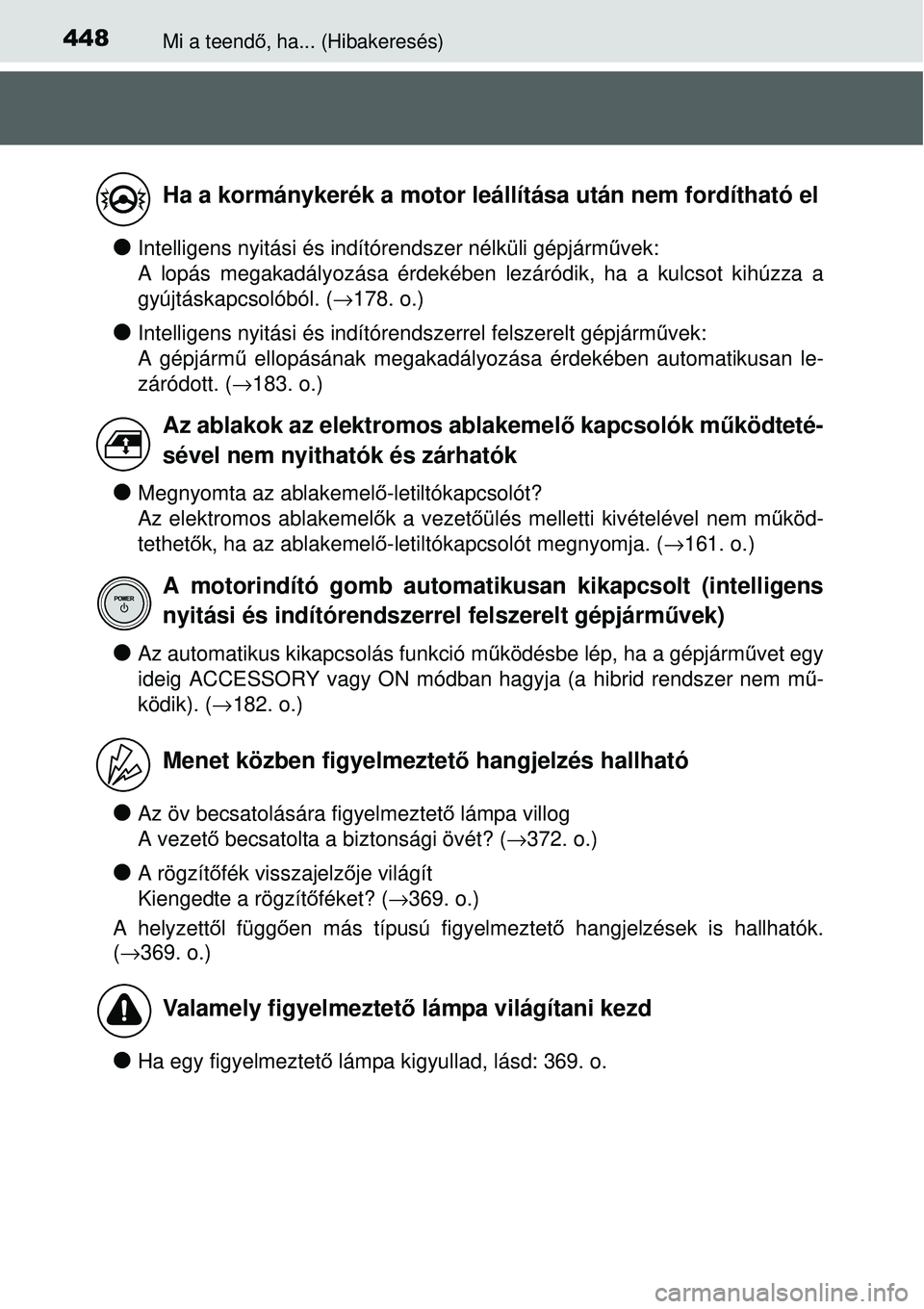 TOYOTA YARIS HYBRID 2014  Kezelési útmutató (in Hungarian) 448Mi a teendő, ha... (Hibakeresés)
�OIntelligens nyitási és indítórendszer nélküli gépjárművek: 
A lopás megakadályozása érdekében lezáródik, ha a kulcsot kihúzza a
gyújtáskapcso