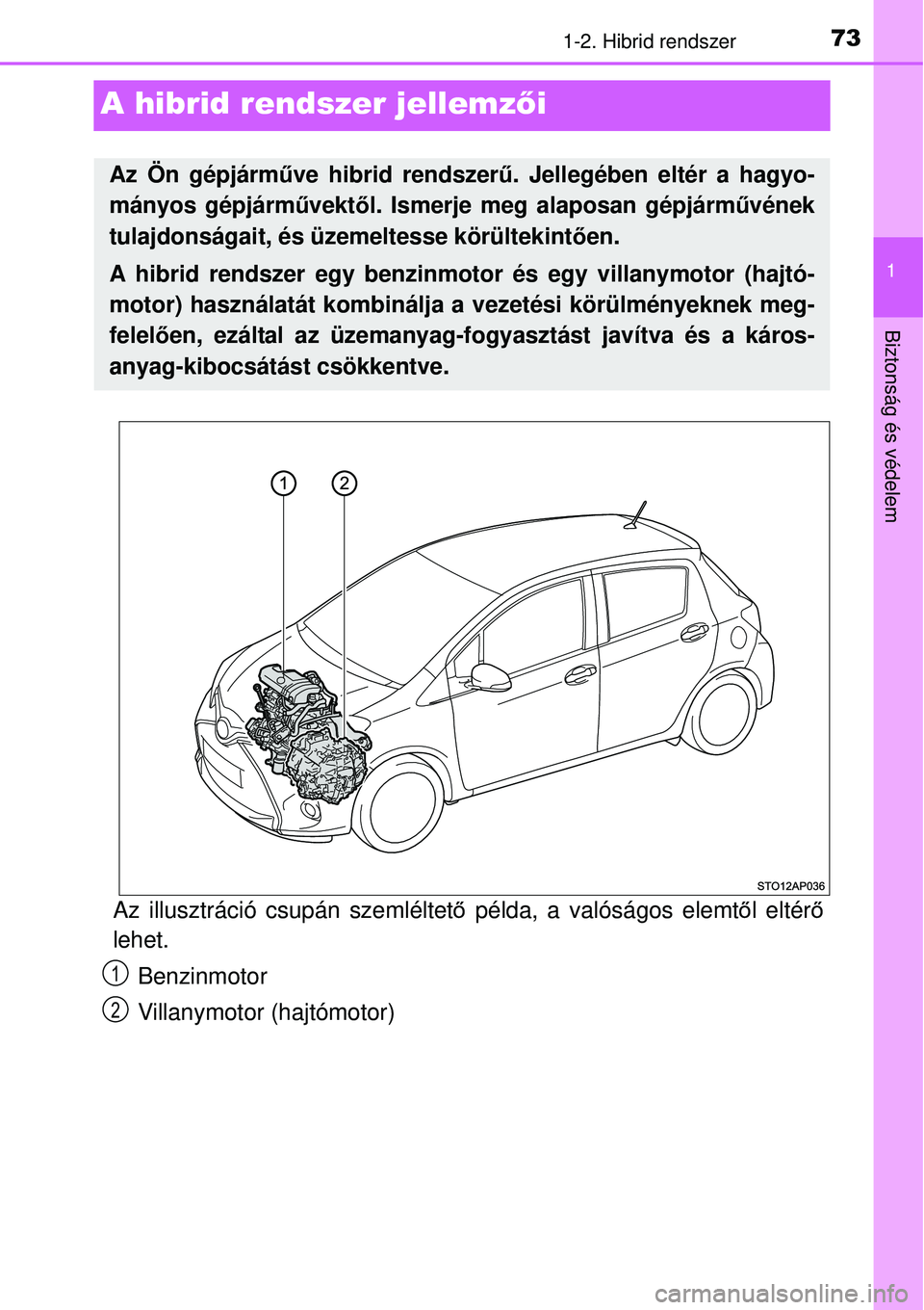 TOYOTA YARIS HYBRID 2014  Kezelési útmutató (in Hungarian) 73
1
1-2. Hibrid rendszer
Biztonság és védelem
A hibrid rendszer jellemzői
Az illusztráció csupán szemléltető példa, a valóságos elemtől eltérő
lehet.
Benzinmotor
Villanymotor (hajtómo