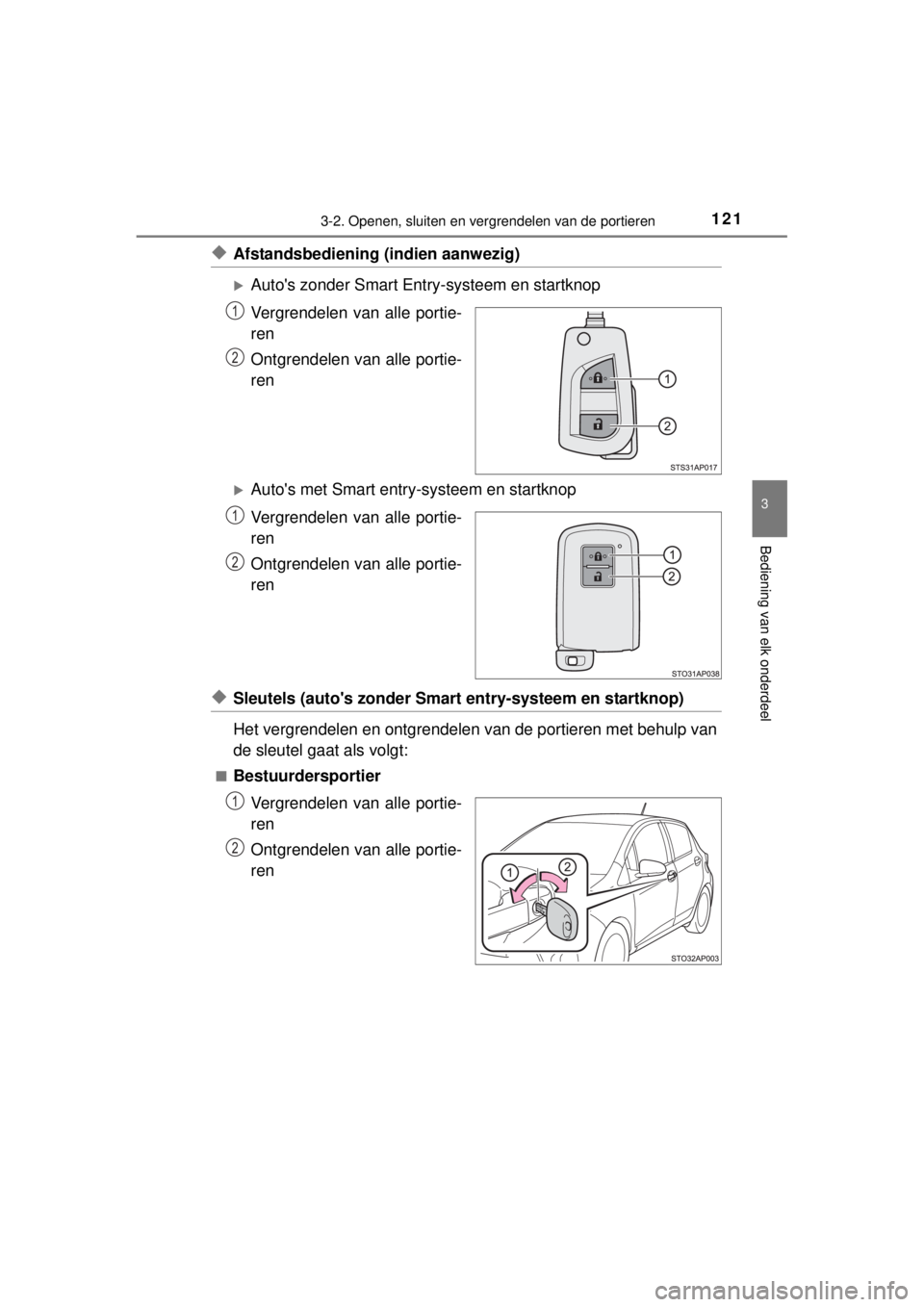 TOYOTA YARIS HYBRID 2014 Instructieboekje (in Dutch) 1213-2. Openen, sluiten en vergrendelen van de portieren
3
Bediening van elk onderdeel
YARIS_HV_WE_52E13E
◆Afstandsbediening (indien aanwezig)
Autos zonder Smart Entry-systeem en startknop
Vergr TOYOTA YARIS HYBRID 2014 Instructieboekje (in Dutch) 1213-2. Openen, sluiten en vergrendelen van de portieren
3
Bediening van elk onderdeel
YARIS_HV_WE_52E13E
◆Afstandsbediening (indien aanwezig)
Autos zonder Smart Entry-systeem en startknop
Vergr