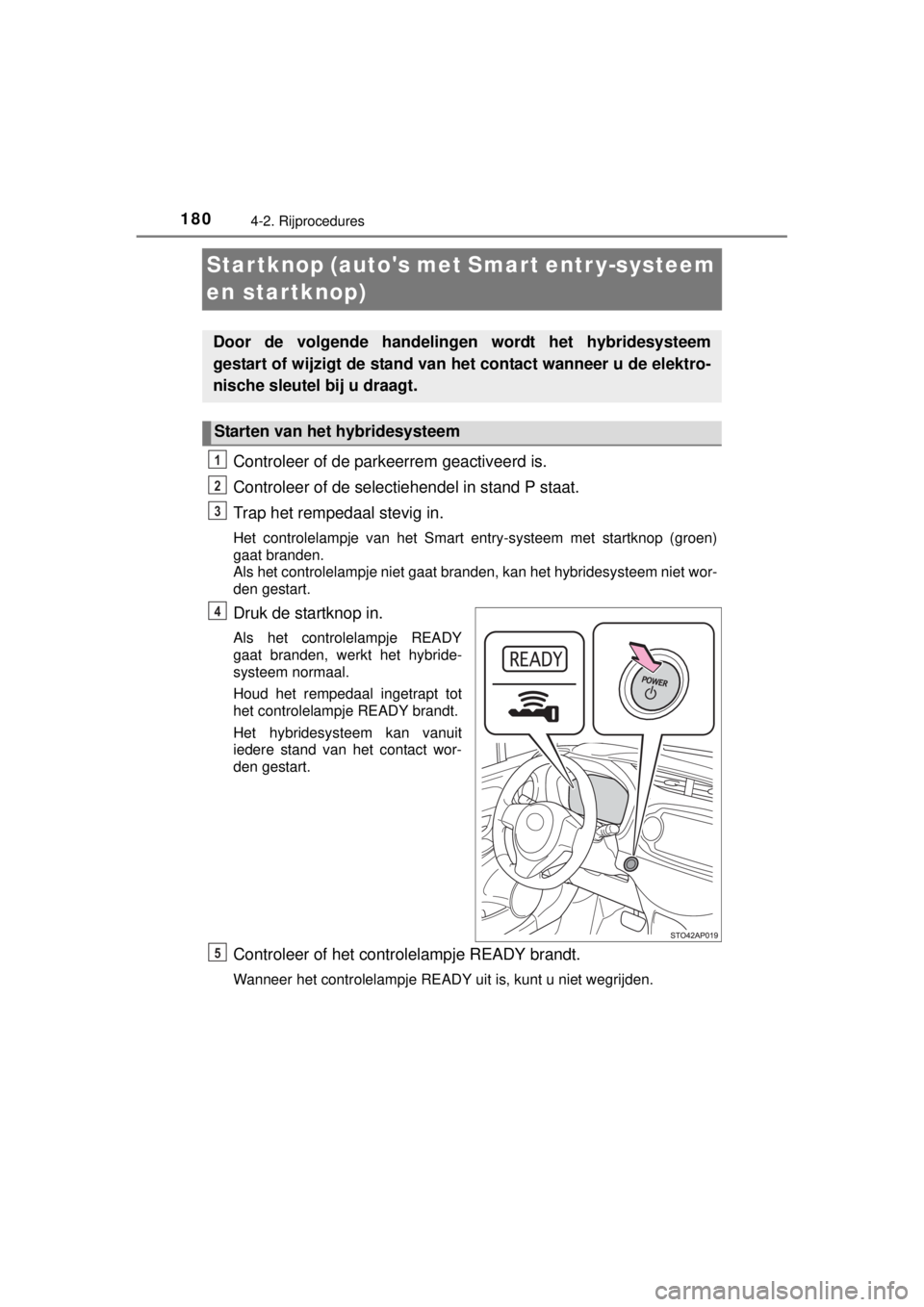 TOYOTA YARIS HYBRID 2014  Instructieboekje (in Dutch) 1804-2. Rijprocedures
YARIS_HV_WE_52E13E
Startknop (autos met Smart entr y-systeem 
en startknop)
Controleer of de parkeerrem geactiveerd is.
Controleer of de selectiehendel in stand P staat.
Trap he