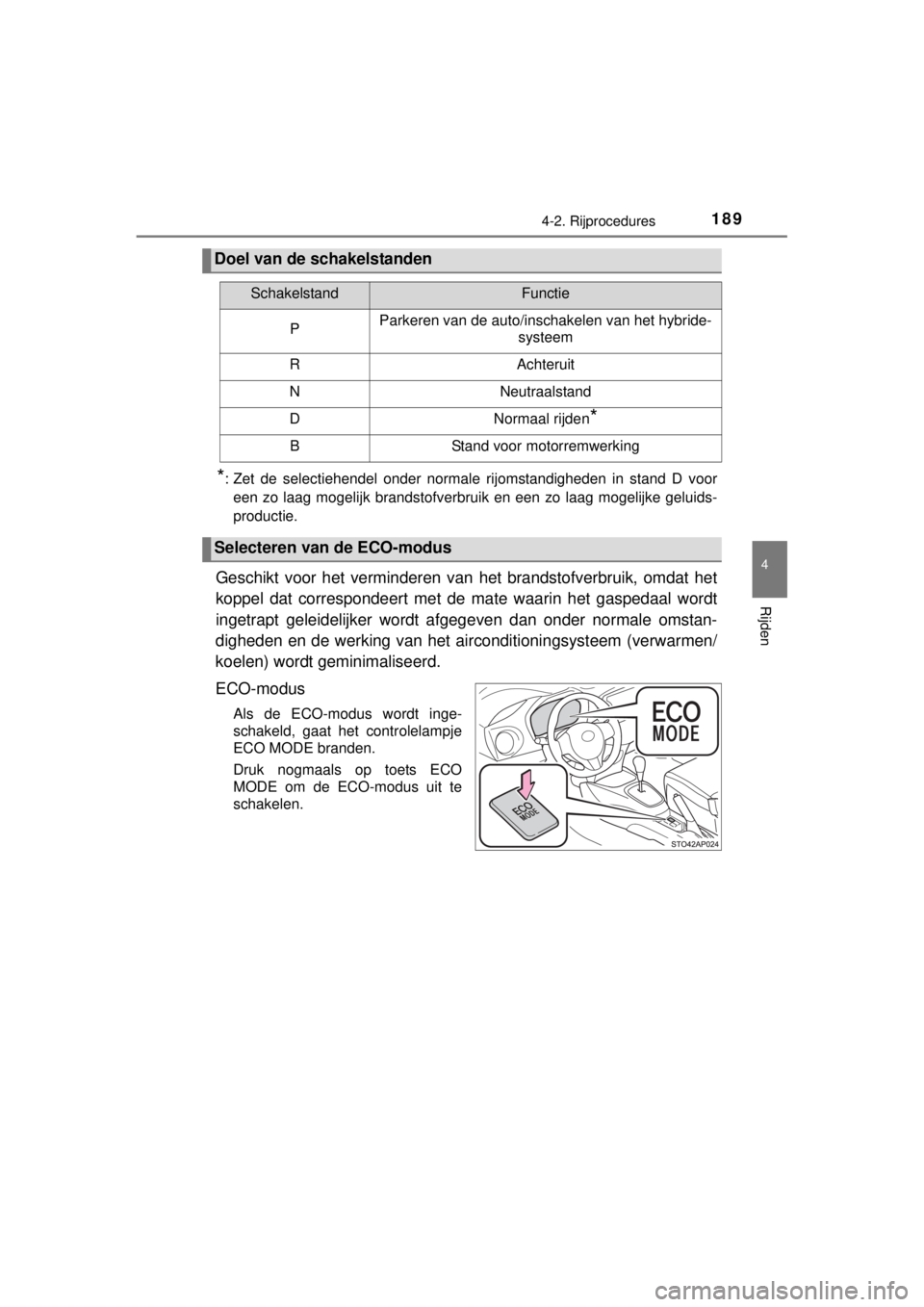 TOYOTA YARIS HYBRID 2014  Instructieboekje (in Dutch) 1894-2. Rijprocedures
4
Rijden
YARIS_HV_WE_52E13E
*: Zet de selectiehendel onder normale rijomstandigheden in stand D voor
een zo laag mogelijk brandstofverbruik en een zo laag mogelijke geluids-
prod
