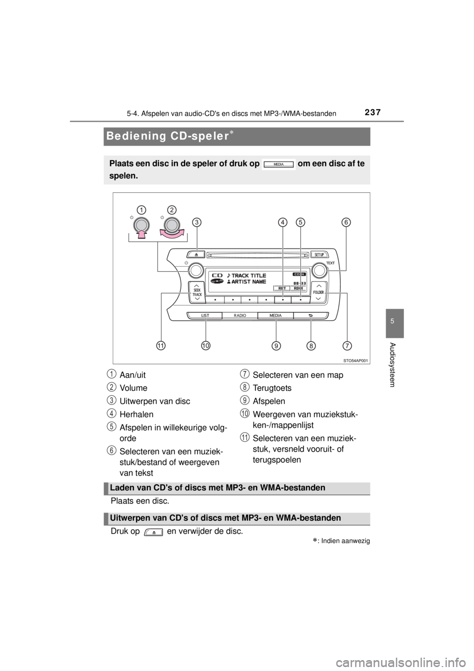 TOYOTA YARIS HYBRID 2014  Instructieboekje (in Dutch) 237
5
5-4. Afspelen van audio-CDs en discs met MP3-/WMA-bestanden
Audiosysteem
YARIS_HV_WE_52E13E
Bediening CD-speler
Plaats een disc.
Druk op   en verwijder de disc.
: Indien aanwezig
Plaats e