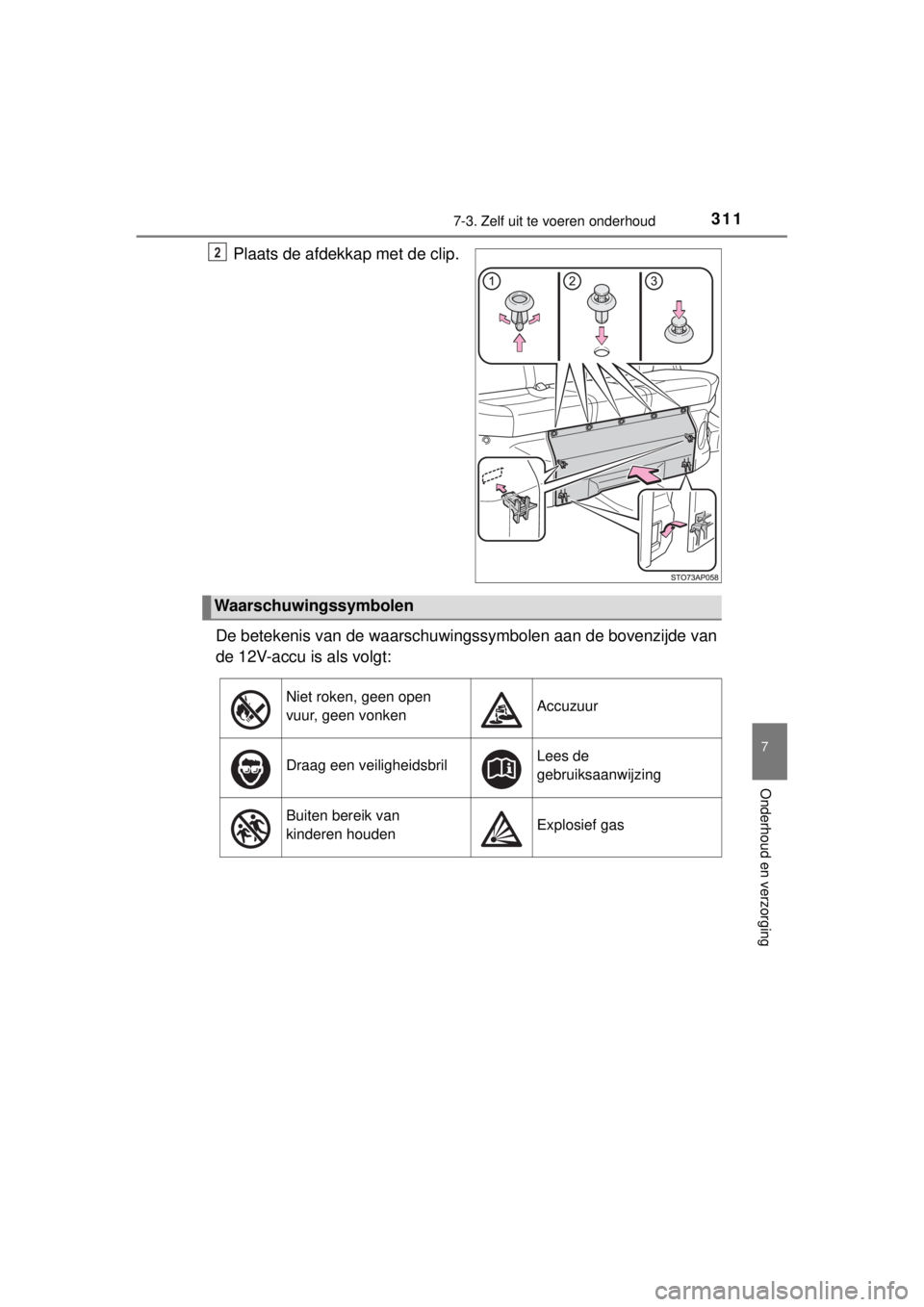 TOYOTA YARIS HYBRID 2014  Instructieboekje (in Dutch) 3117-3. Zelf uit te voeren onderhoud
7
Onderhoud en verzorging
YARIS_HV_WE_52E13E
Plaats de afdekkap met de clip.
De betekenis van de waarschuwingssymbolen aan de bovenzijde van
de 12V-accu is als vol