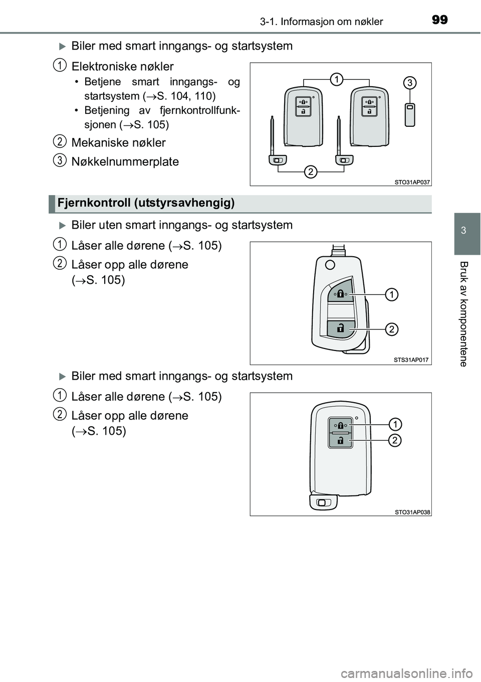 TOYOTA YARIS HYBRID 2014  Instruksjoner for bruk (in Norwegian) 993-1. Informasjon om nøkler
3
Bruk av komponentene
�XBiler med smart inngangs- og startsystem
Elektroniske nøkler
• Betjene smart inngangs- og
startsystem (→S. 104, 110)
• Betjening av fjernk