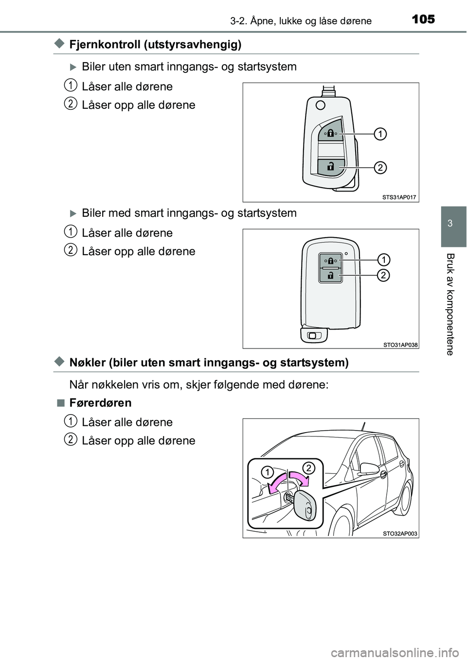 TOYOTA YARIS HYBRID 2014  Instruksjoner for bruk (in Norwegian) 1053-2. Åpne, lukke og låse dørene
3
Bruk av komponentene
◆Fjernkontroll (utstyrsavhengig)
�XBiler uten smart inngangs- og startsystem
Låser alle dørene
Låser opp alle dørene
�XBiler med smar