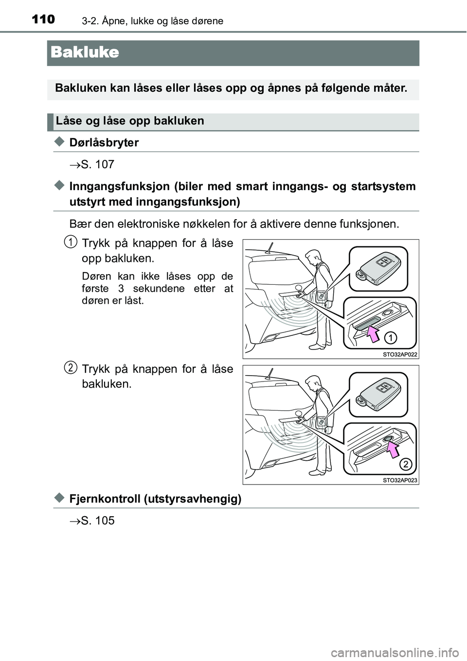 TOYOTA YARIS HYBRID 2014 Instruksjoner for bruk (in Norwegian) 1103-2. Åpne, lukke og låse dørene
Bakluke
◆Dørlåsbryter
→S. 107
◆Inngangsfunksjon (biler med smart inngangs- og startsystem
utstyrt med inngangsfunksjon)
Bær den elektroniske nøkkelen fo TOYOTA YARIS HYBRID 2014 Instruksjoner for bruk (in Norwegian) 1103-2. Åpne, lukke og låse dørene
Bakluke
◆Dørlåsbryter
→S. 107
◆Inngangsfunksjon (biler med smart inngangs- og startsystem
utstyrt med inngangsfunksjon)
Bær den elektroniske nøkkelen fo