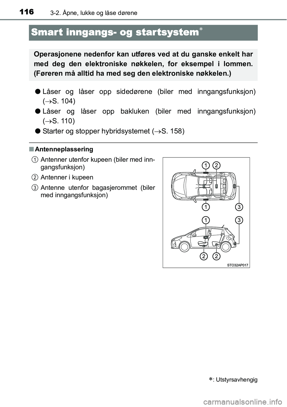 TOYOTA YARIS HYBRID 2014 Instruksjoner for bruk (in Norwegian) 1163-2. Åpne, lukke og låse dørene
Smart inngangs- og startsystem∗
●Låser og låser opp sidedørene (biler med inngangsfunksjon)
(→S. 104)
●Låser og låser opp bakluken (biler med inngang TOYOTA YARIS HYBRID 2014 Instruksjoner for bruk (in Norwegian) 1163-2. Åpne, lukke og låse dørene
Smart inngangs- og startsystem∗
●Låser og låser opp sidedørene (biler med inngangsfunksjon)
(→S. 104)
●Låser og låser opp bakluken (biler med inngang