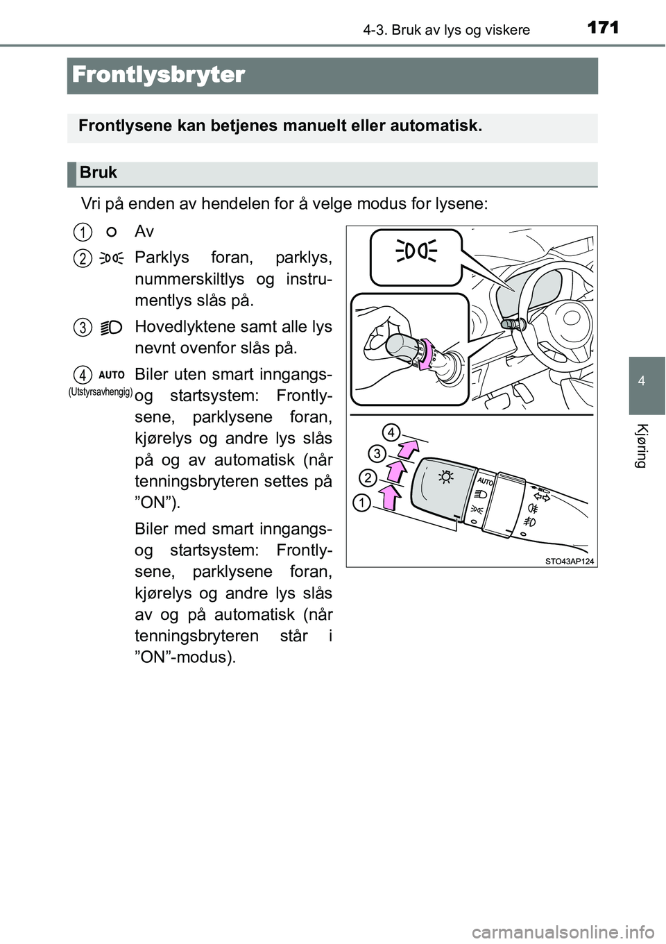 TOYOTA YARIS HYBRID 2014 Instruksjoner for bruk (in Norwegian) 171
4
4-3. Bruk av lys og viskere
Kjøring
Frontlysbr yter
Vri på enden av hendelen for å velge modus for lysene:
Av
Parklys foran, parklys,
nummerskiltlys og instru-
mentlys slås på.
Hovedlyktene TOYOTA YARIS HYBRID 2014 Instruksjoner for bruk (in Norwegian) 171
4
4-3. Bruk av lys og viskere
Kjøring
Frontlysbr yter
Vri på enden av hendelen for å velge modus for lysene:
Av
Parklys foran, parklys,
nummerskiltlys og instru-
mentlys slås på.
Hovedlyktene
