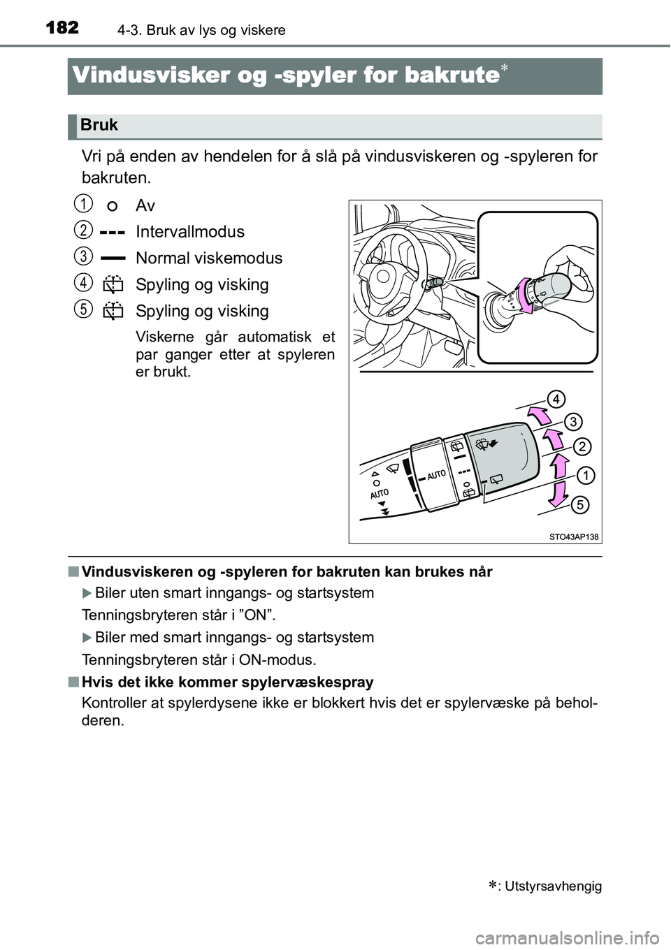 TOYOTA YARIS HYBRID 2014  Instruksjoner for bruk (in Norwegian) 1824-3. Bruk av lys og viskere
Vindusvisker og -spyler for bakrute∗
Vri på enden av hendelen for å slå på vindusviskeren og -spyleren for
bakruten.
Av
Intervallmodus
Normal viskemodus
Spyling og