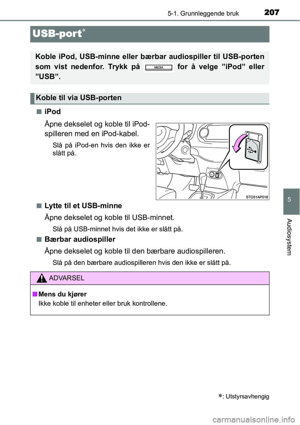 TOYOTA YARIS HYBRID 2014  Instruksjoner for bruk (in Norwegian) 207
5
5-1. Grunnleggende bruk
Audiosystem
USB-port∗
■iPod
Åpne dekselet og koble til iPod-
spilleren med en iPod-kabel.
Slå på iPod-en hvis den ikke er
slått på.
■
Lytte til et USB-minne
Å