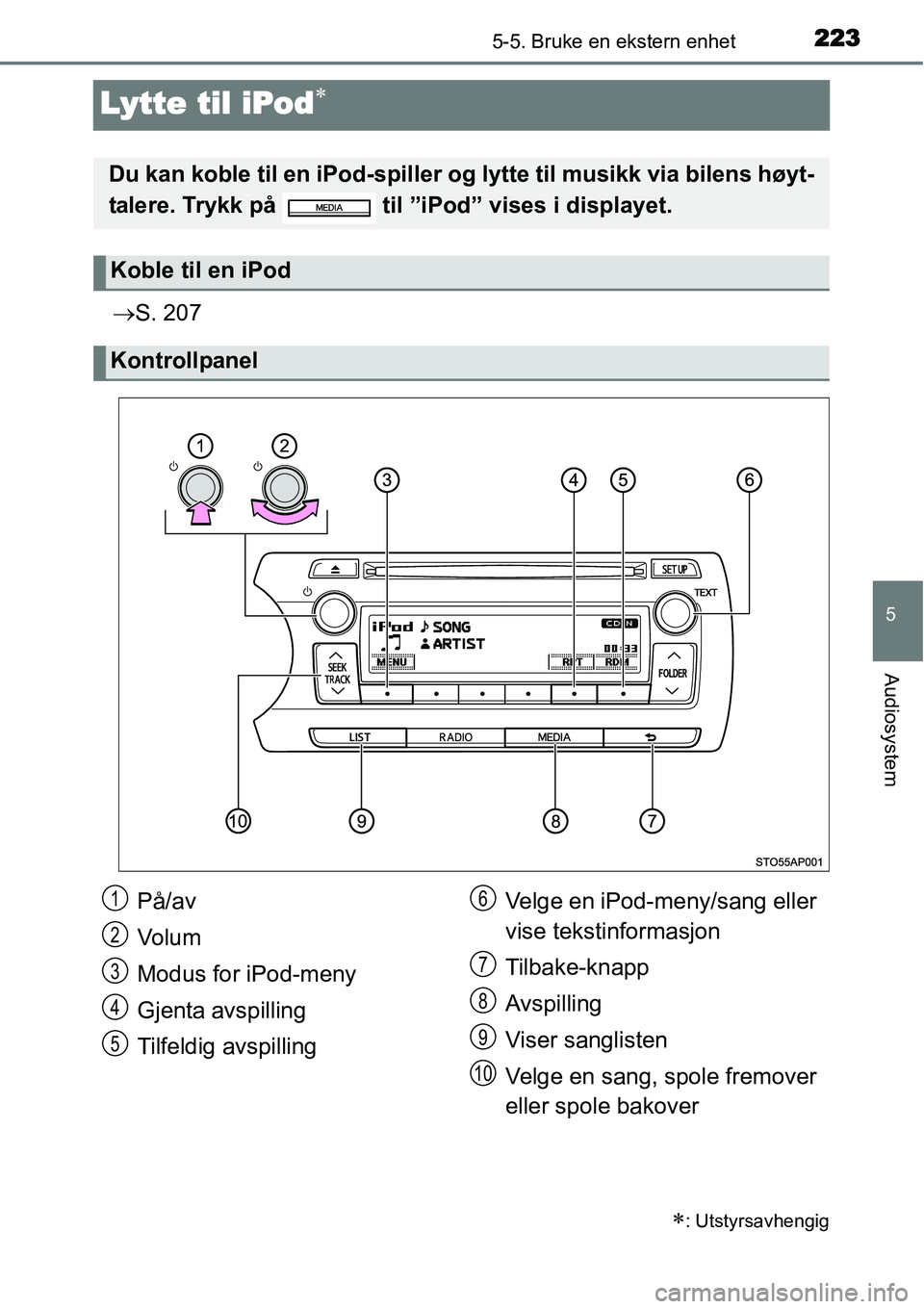 TOYOTA YARIS HYBRID 2014 Instruksjoner for bruk (in Norwegian) 223
5
5-5. Bruke en ekstern enhet
Audiosystem
Lytte til iPod∗
→S. 207
∗: Utstyrsavhengig
Du kan koble til en iPod-spiller og lytte til musikk via bilens høyt-
talere. Trykk på til ”iPod” TOYOTA YARIS HYBRID 2014 Instruksjoner for bruk (in Norwegian) 223
5
5-5. Bruke en ekstern enhet
Audiosystem
Lytte til iPod∗
→S. 207
∗: Utstyrsavhengig
Du kan koble til en iPod-spiller og lytte til musikk via bilens høyt-
talere. Trykk på til ”iPod”