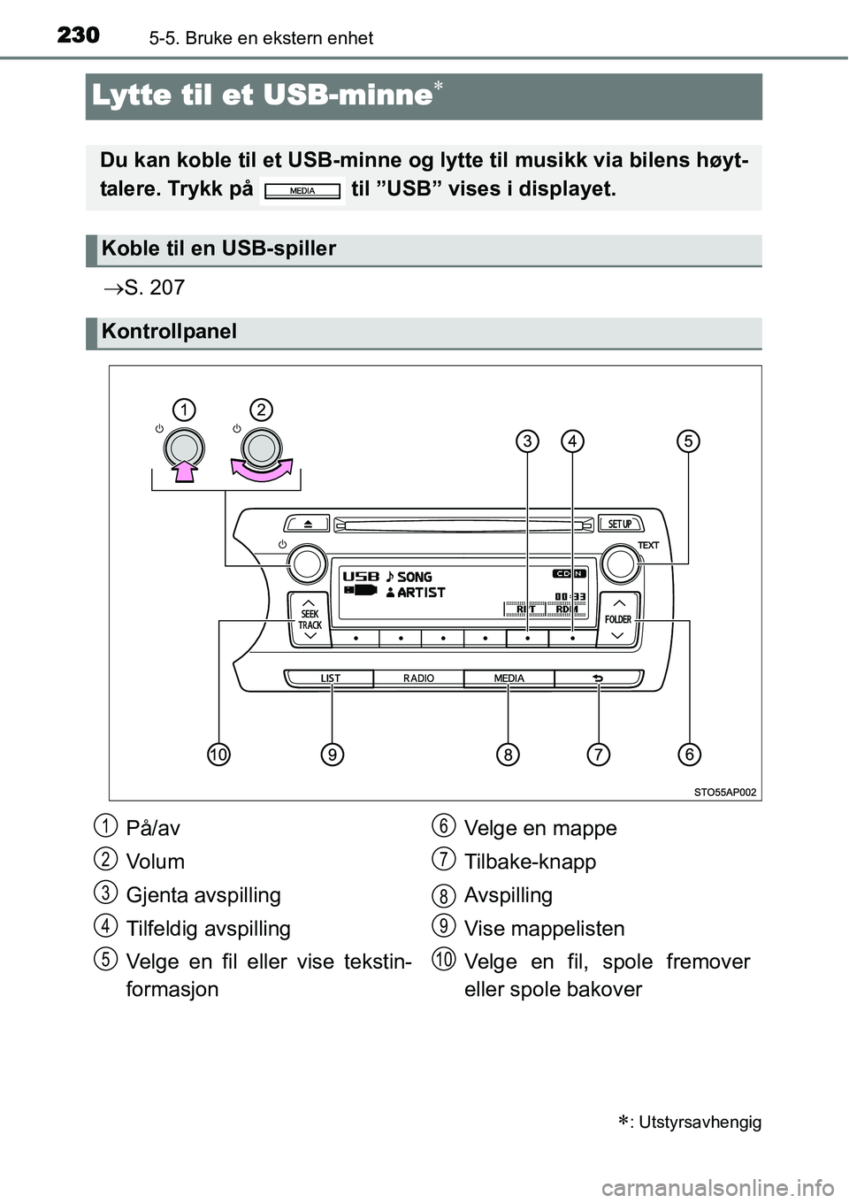 TOYOTA YARIS HYBRID 2014 Instruksjoner for bruk (in Norwegian) 2305-5. Bruke en ekstern enhet
Lytte til et USB-minne∗
→S. 207
∗: Utstyrsavhengig
Du kan koble til et USB-minne og lytte til musikk via bilens høyt-
talere. Trykk på til ”USB” vises i di TOYOTA YARIS HYBRID 2014 Instruksjoner for bruk (in Norwegian) 2305-5. Bruke en ekstern enhet
Lytte til et USB-minne∗
→S. 207
∗: Utstyrsavhengig
Du kan koble til et USB-minne og lytte til musikk via bilens høyt-
talere. Trykk på til ”USB” vises i di