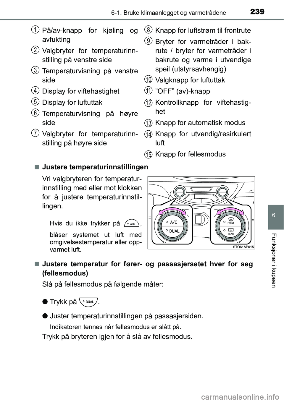TOYOTA YARIS HYBRID 2014 Instruksjoner for bruk (in Norwegian) 2396-1. Bruke klimaanlegget og varmetrådene
6
Funksjoner i kupeen
■Justere temperaturinnstillingen
Vri valgbryteren for temperatur-
innstilling med eller mot klokken
for å justere temperaturinnsti TOYOTA YARIS HYBRID 2014 Instruksjoner for bruk (in Norwegian) 2396-1. Bruke klimaanlegget og varmetrådene
6
Funksjoner i kupeen
■Justere temperaturinnstillingen
Vri valgbryteren for temperatur-
innstilling med eller mot klokken
for å justere temperaturinnsti
