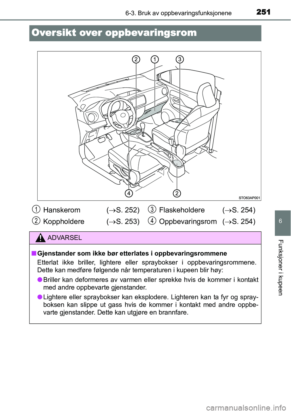 TOYOTA YARIS HYBRID 2014  Instruksjoner for bruk (in Norwegian) 2516-3. Bruk av oppbevaringsfunksjonene
6
Funksjoner i kupeen
Oversikt over oppbevaringsrom
Hanskerom  (→S. 252)
Koppholdere (→S. 253)Flaskeholdere (→S. 254)
Oppbevaringsrom (→S. 254)
ADVARSEL