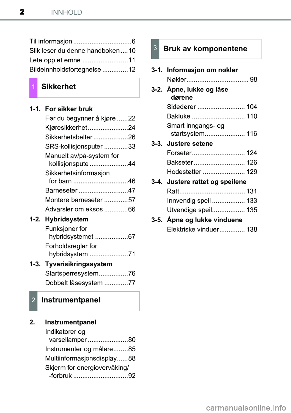 TOYOTA YARIS HYBRID 2014 Instruksjoner for bruk (in Norwegian) INNHOLD2
Til informasjon ................................6
Slik leser du denne håndboken ....10
Lete opp et emne .........................11
Bildeinnholdsfortegnelse ..............12
1-1. For sikker TOYOTA YARIS HYBRID 2014 Instruksjoner for bruk (in Norwegian) INNHOLD2
Til informasjon ................................6
Slik leser du denne håndboken ....10
Lete opp et emne .........................11
Bildeinnholdsfortegnelse ..............12
1-1. For sikker