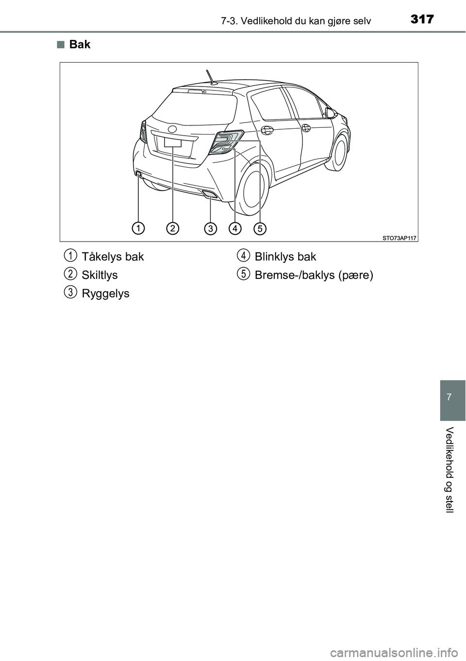 TOYOTA YARIS HYBRID 2014  Instruksjoner for bruk (in Norwegian) 3177-3. Vedlikehold du kan gjøre selv
7
Vedlikehold og stell
■Bak
Tåkelys bak
Skiltlys
RyggelysBlinklys bak
Bremse-/baklys (pære)1
2
3
4
5 