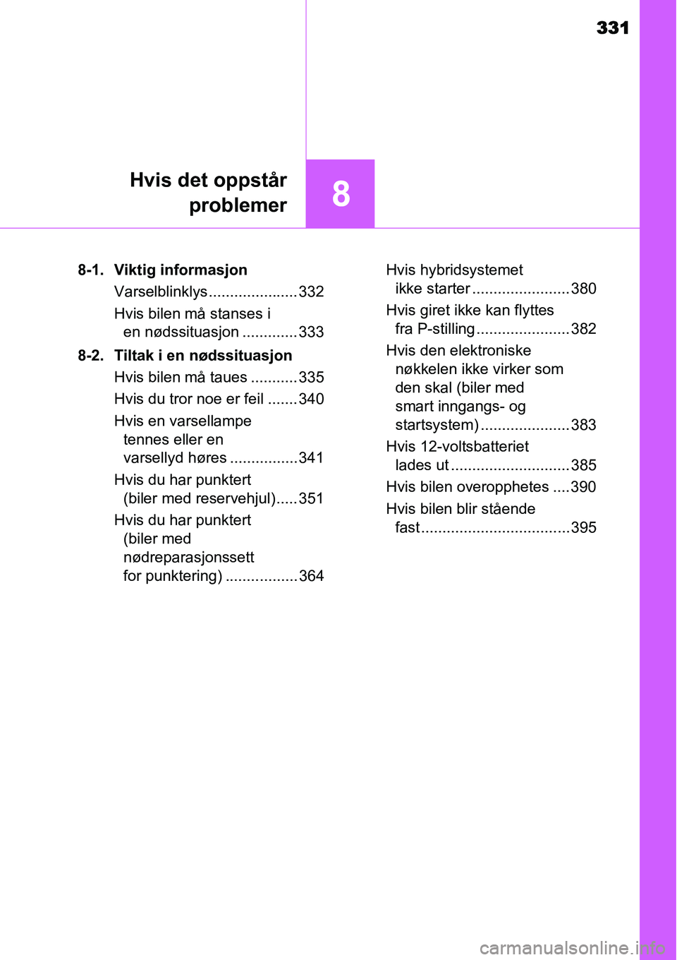 TOYOTA YARIS HYBRID 2014  Instruksjoner for bruk (in Norwegian) 331
8
Hvis det oppstår
problemer
8-1. Viktig informasjon
Varselblinklys..................... 332
Hvis bilen må stanses i 
en nødssituasjon ............. 333
8-2. Tiltak i en nødssituasjon
Hvis bil