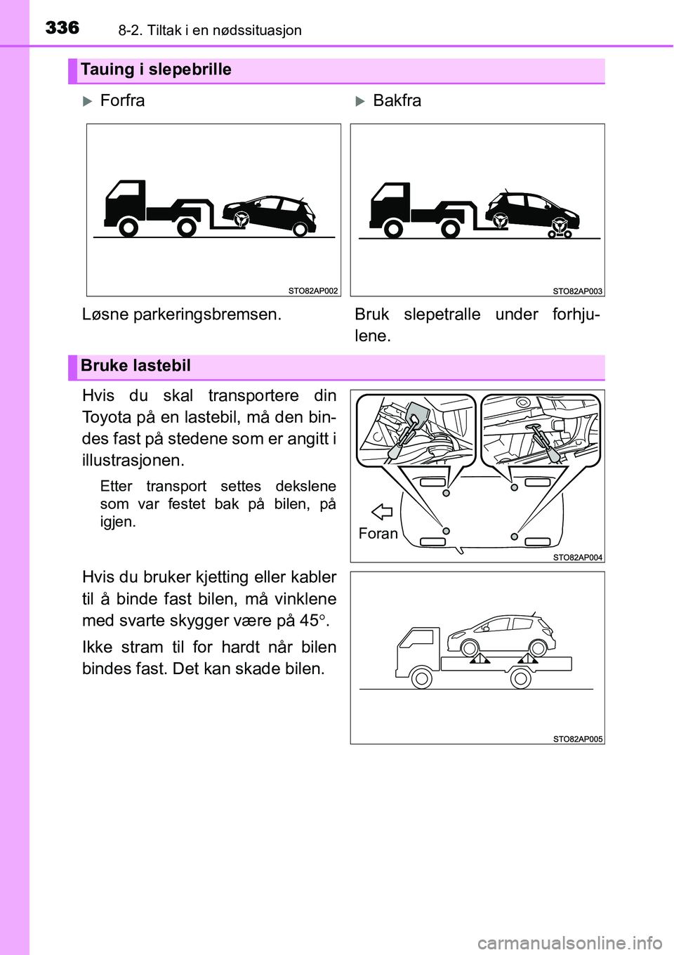 TOYOTA YARIS HYBRID 2014  Instruksjoner for bruk (in Norwegian) 3368-2. Tiltak i en nødssituasjon
Hvis du skal transportere din
Toyota på en lastebil, må den bin-
des fast på stedene som er angitt i
illustrasjonen.
Etter transport settes dekslene
som var feste