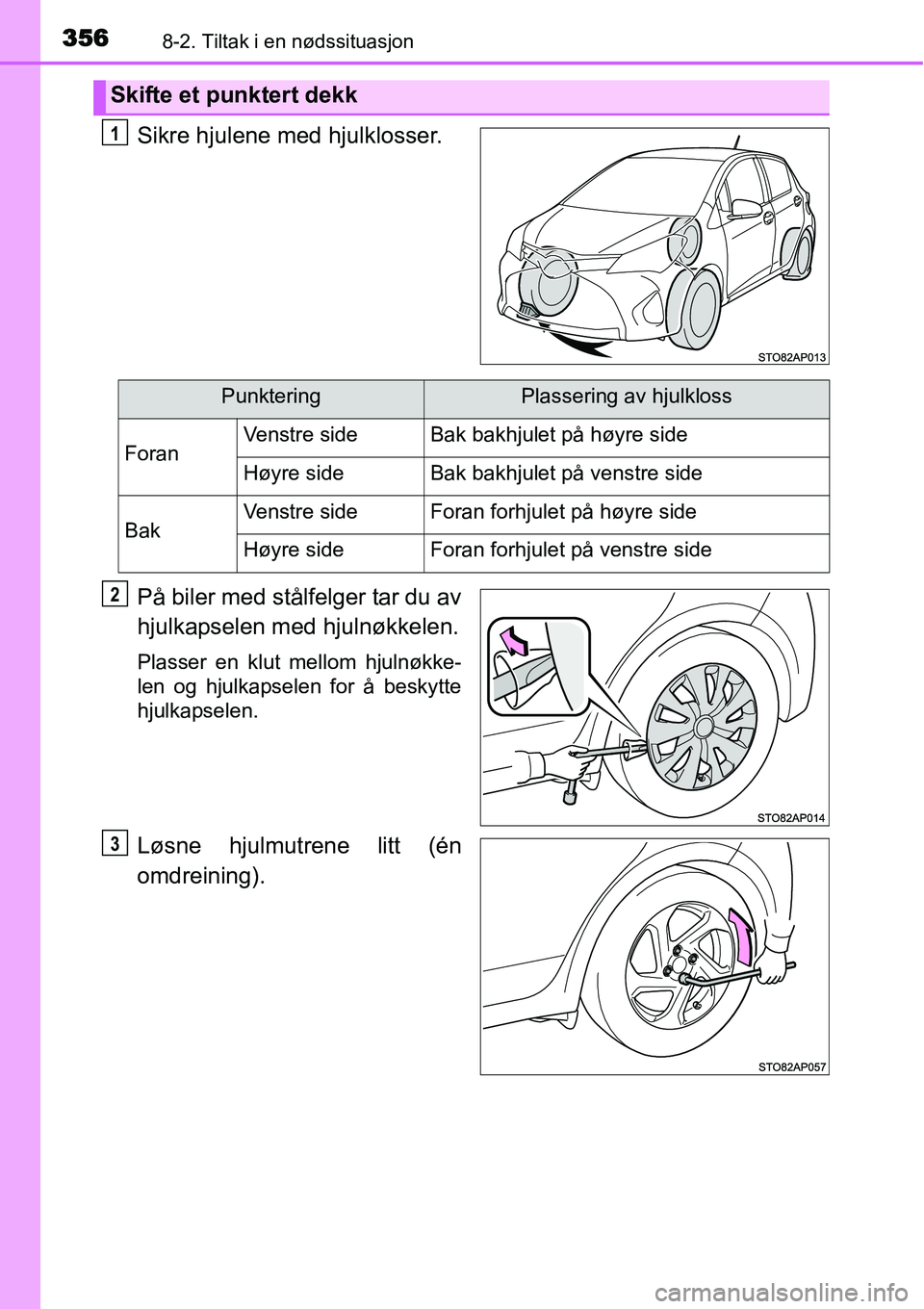 TOYOTA YARIS HYBRID 2014  Instruksjoner for bruk (in Norwegian) 3568-2. Tiltak i en nødssituasjon
Sikre hjulene med hjulklosser.
På biler med stålfelger tar du av
hjulkapselen med hjulnøkkelen.
Plasser en klut mellom hjulnøkke-
len og hjulkapselen for å besk