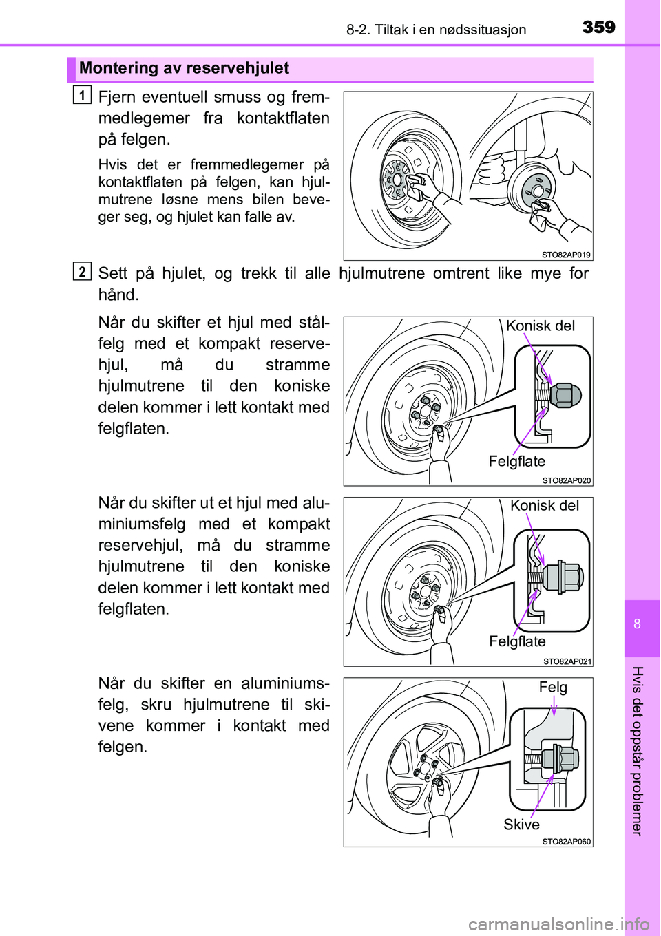 TOYOTA YARIS HYBRID 2014  Instruksjoner for bruk (in Norwegian) 3598-2. Tiltak i en nødssituasjon
8
Hvis det oppstår problemer
Fjern eventuell smuss og frem-
medlegemer fra kontaktflaten
på felgen.
Hvis det er fremmedlegemer på
kontaktflaten på felgen, kan hj