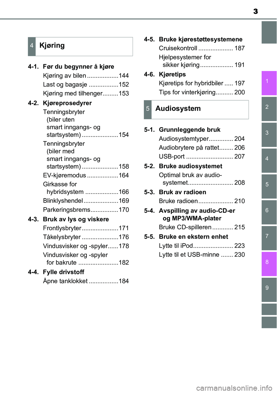 TOYOTA YARIS HYBRID 2014  Instruksjoner for bruk (in Norwegian) 3
1
7
8 6 5
4
3
2
9
4-1. Før du begynner å kjøre
Kjøring av bilen ..................144
Last og bagasje .................152
Kjøring med tilhenger.........153
4-2. Kjøreprosedyrer
Tenningsbryter