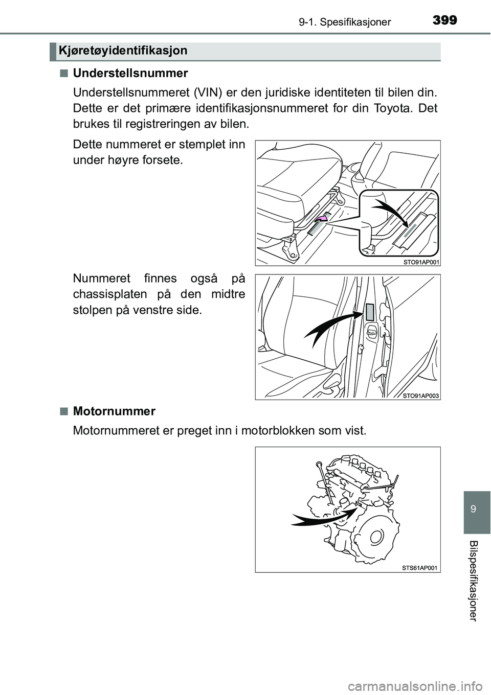 TOYOTA YARIS HYBRID 2014 Instruksjoner for bruk (in Norwegian) 3999-1. Spesifikasjoner
9
Bilspesifikasjoner
■Understellsnummer
Understellsnummeret (VIN) er den juridiske identiteten til bilen din.
Dette er det primære identifikasjonsnummeret for din Toyota. De TOYOTA YARIS HYBRID 2014 Instruksjoner for bruk (in Norwegian) 3999-1. Spesifikasjoner
9
Bilspesifikasjoner
■Understellsnummer
Understellsnummeret (VIN) er den juridiske identiteten til bilen din.
Dette er det primære identifikasjonsnummeret for din Toyota. De