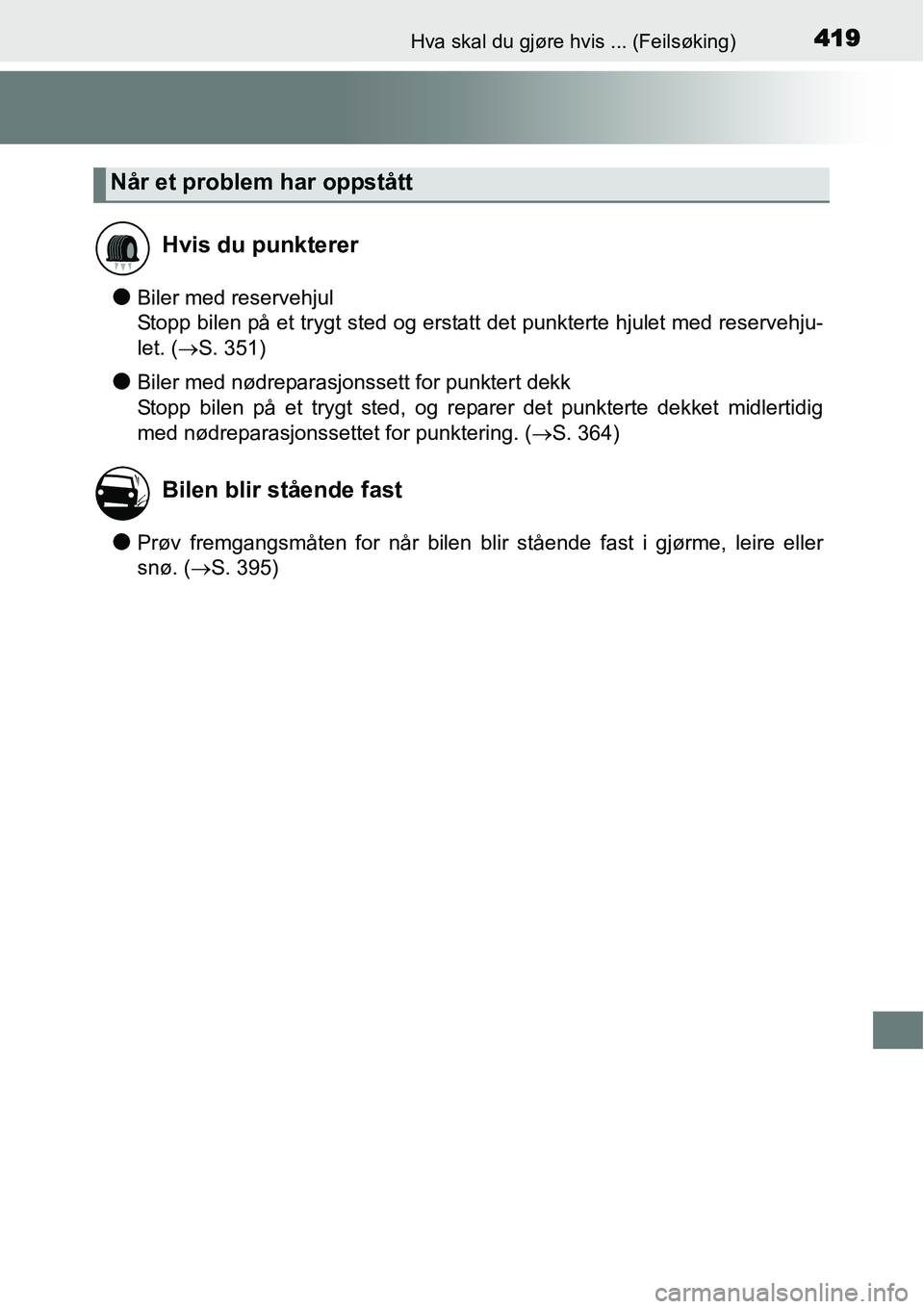 TOYOTA YARIS HYBRID 2014 Instruksjoner for bruk (in Norwegian) 419Hva skal du gjøre hvis ... (Feilsøking)
●Biler med reservehjul
Stopp bilen på et trygt sted og erstatt det punkterte hjulet med reservehju-
let. (→S. 351)
●Biler med nødreparasjonssett fo TOYOTA YARIS HYBRID 2014 Instruksjoner for bruk (in Norwegian) 419Hva skal du gjøre hvis ... (Feilsøking)
●Biler med reservehjul
Stopp bilen på et trygt sted og erstatt det punkterte hjulet med reservehju-
let. (→S. 351)
●Biler med nødreparasjonssett fo