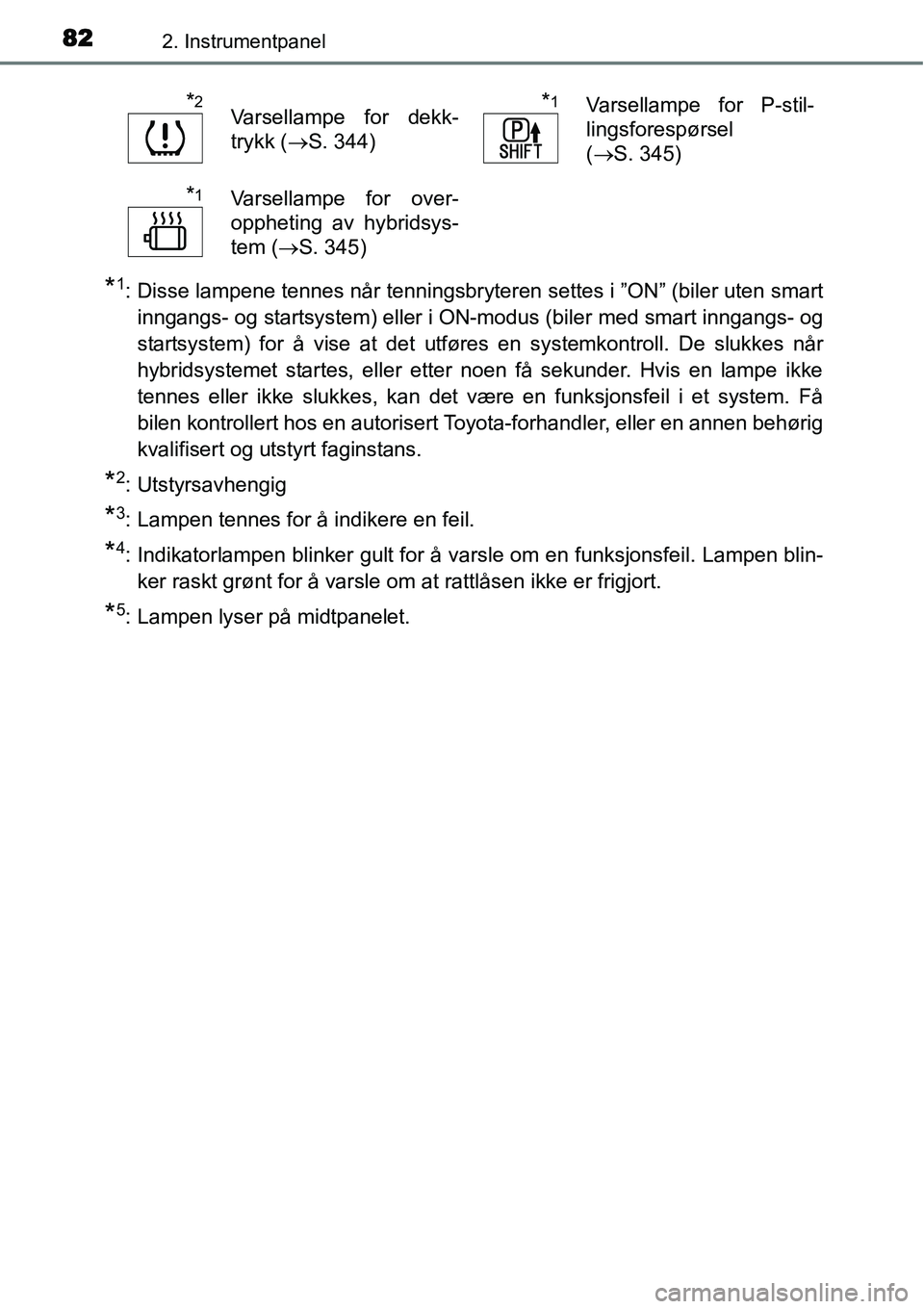 TOYOTA YARIS HYBRID 2014  Instruksjoner for bruk (in Norwegian) 822. Instrumentpanel
*1: Disse lampene tennes når tenningsbryteren settes i ”ON” (biler uten smart
inngangs- og startsystem) eller i ON-modus (biler med smart inngangs- og
startsystem) for å vis