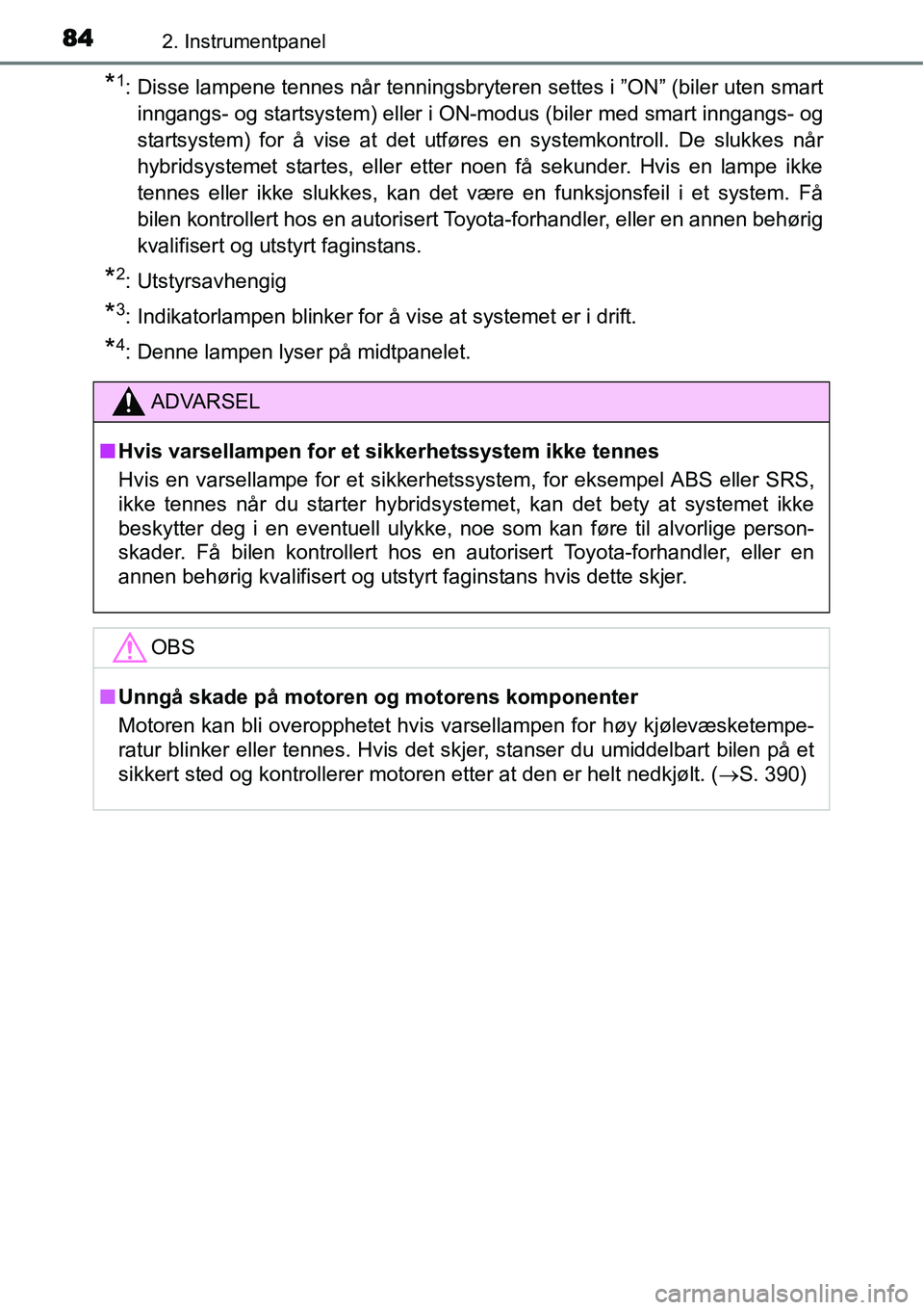 TOYOTA YARIS HYBRID 2014 Instruksjoner for bruk (in Norwegian) 842. Instrumentpanel
*1: Disse lampene tennes når tenningsbryteren settes i ”ON” (biler uten smart
inngangs- og startsystem) eller i ON-modus (biler med smart inngangs- og
startsystem) for å vis TOYOTA YARIS HYBRID 2014 Instruksjoner for bruk (in Norwegian) 842. Instrumentpanel
*1: Disse lampene tennes når tenningsbryteren settes i ”ON” (biler uten smart
inngangs- og startsystem) eller i ON-modus (biler med smart inngangs- og
startsystem) for å vis